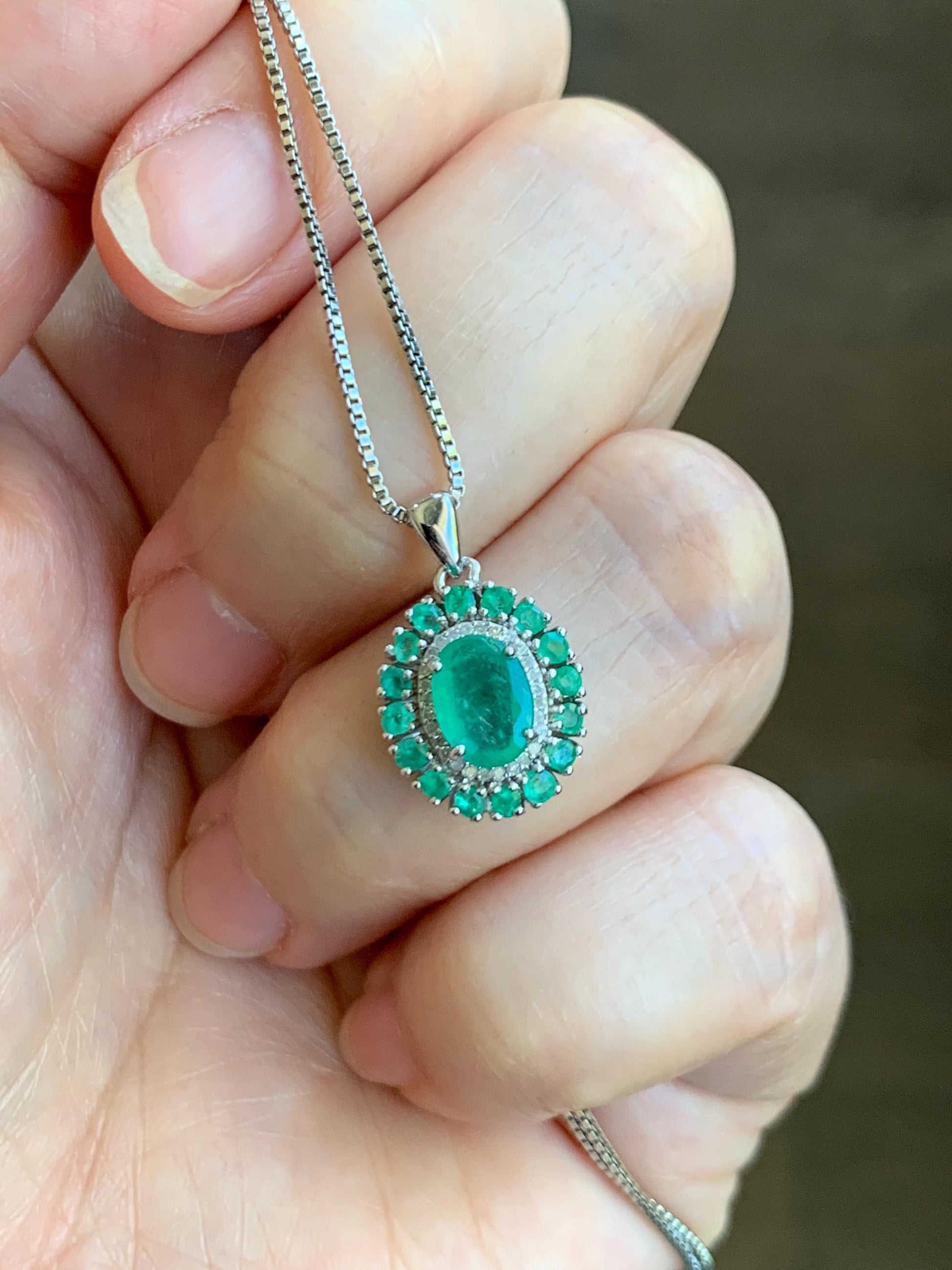 Natural Genuine Zambian Emerald Pendant with Natural Emeralds and Natural Diamonds 925 Sterling Silver 2g c366