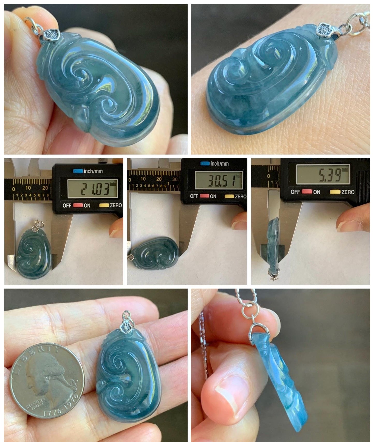 Natural Grade A Guatemalan Icy Highly Translucent Gelatinous Aegean Blue Jade Jadeite Ruyi Pendant Sterling Silver 天然冰胶危蓝紫翡翠如意吊坠 NJL330A