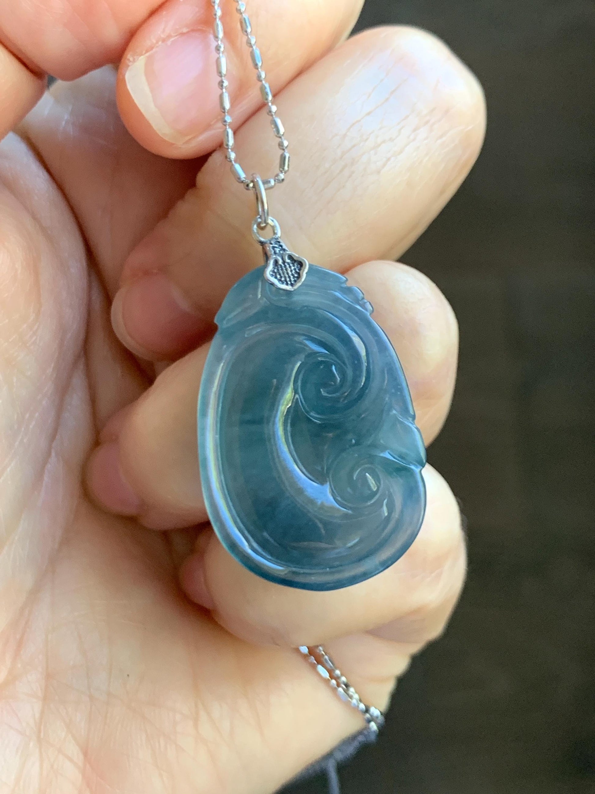 Natural Grade A Guatemalan Icy Highly Translucent Gelatinous Aegean Blue Jade Jadeite Ruyi Pendant Sterling Silver 天然冰胶危蓝紫翡翠如意吊坠 NJL330A