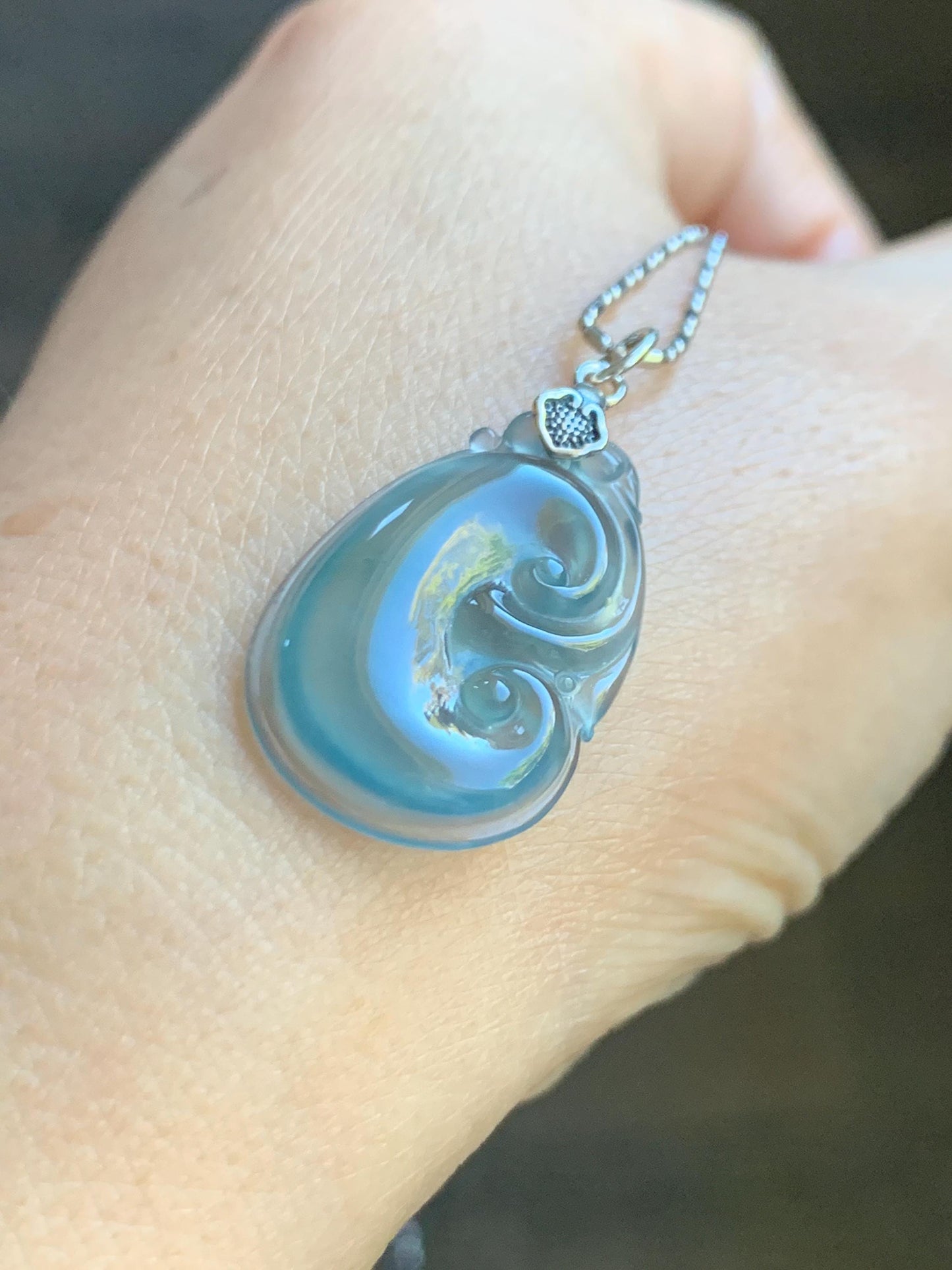 Natural Grade A Guatemalan Icy Highly Translucent Gelatinous Pastel Blue Jade Jadeite Ruyi Pendant Sterling Silver 天然冰胶老种危蓝翡翠如意吊坠 WLR280B