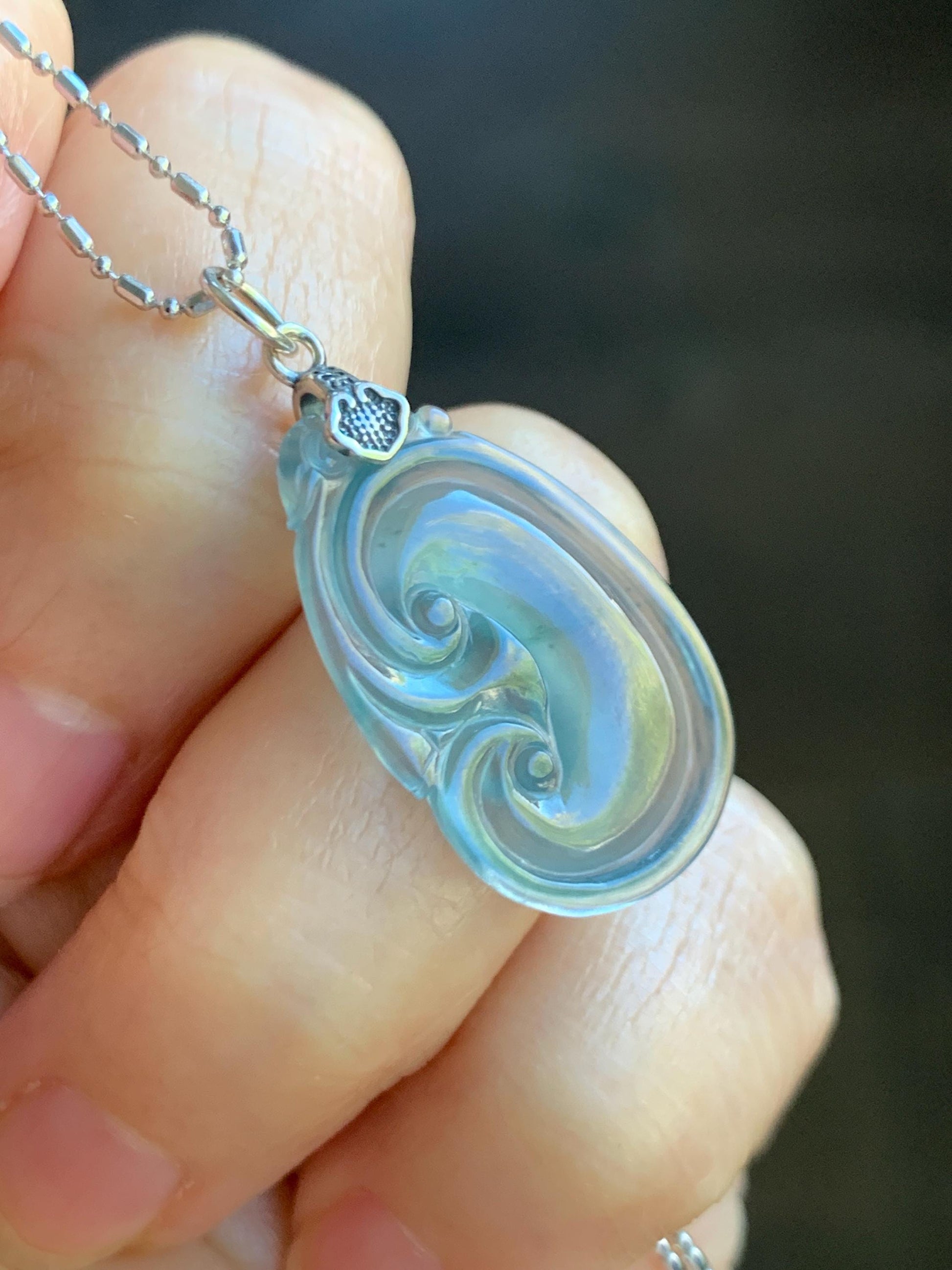 Natural Grade A Guatemalan Icy Highly Translucent Gelatinous Pastel Blue Jade Jadeite Ruyi Pendant Sterling Silver 天然冰胶老种危蓝翡翠如意吊坠 WLR280B