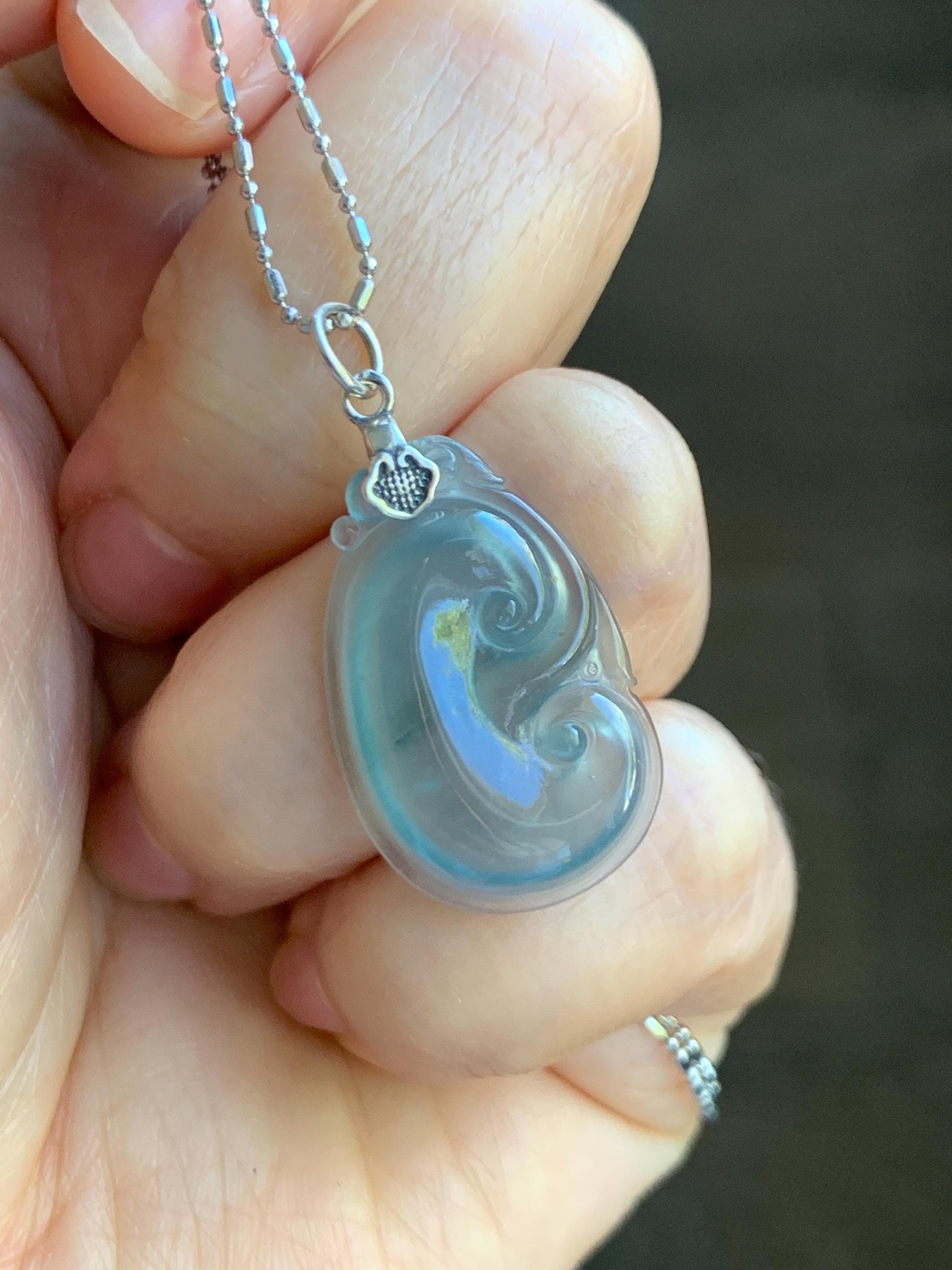 Natural Grade A Guatemalan Icy Highly Translucent Gelatinous Pastel Blue Jade Jadeite Ruyi Pendant Sterling Silver 天然冰胶老种危蓝翡翠如意吊坠 WLR280B