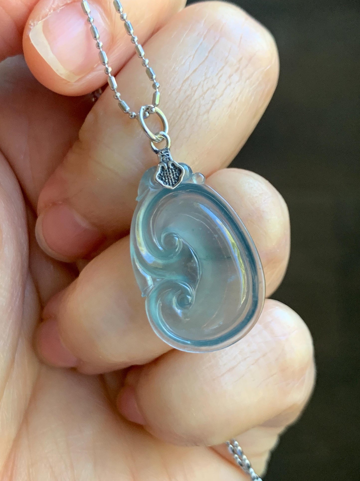 Natural Grade A Guatemalan Icy Highly Translucent Gelatinous Pastel Blue Jade Jadeite Ruyi Pendant Sterling Silver 天然冰胶老种危蓝翡翠如意吊坠 WLR280B