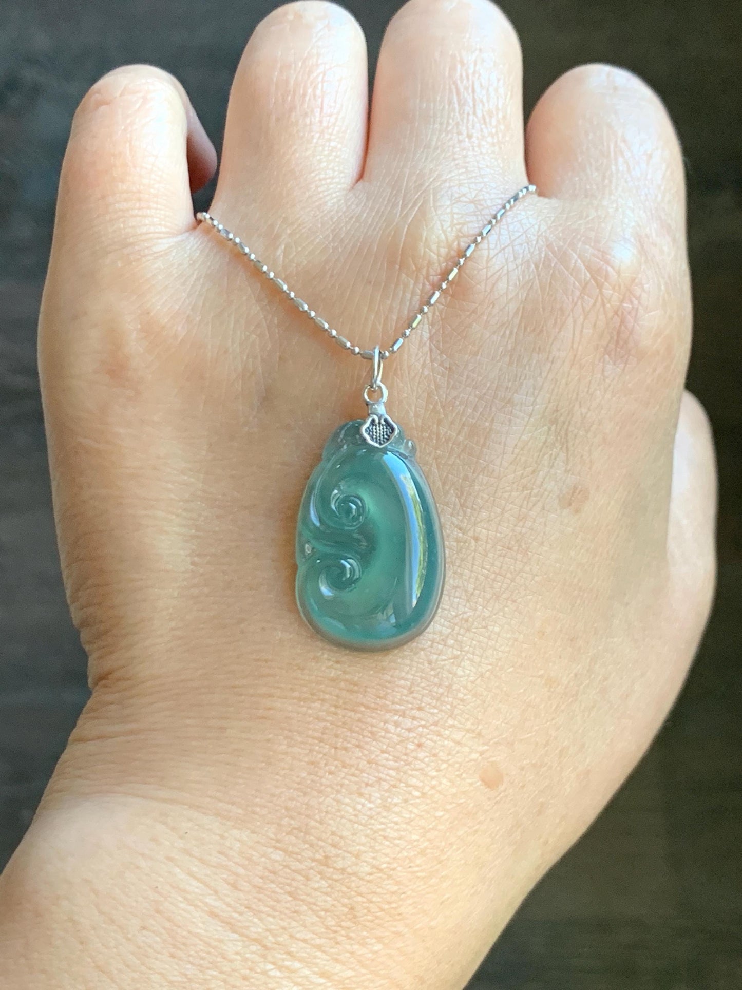 Natural Grade A Guatemalan Icy Highly Translucent Gelatinous Teal Jade Jadeite Ruyi Pendant Sterling Silver 天然冰胶老种危蓝绿翡翠如意吊坠 WLR280A