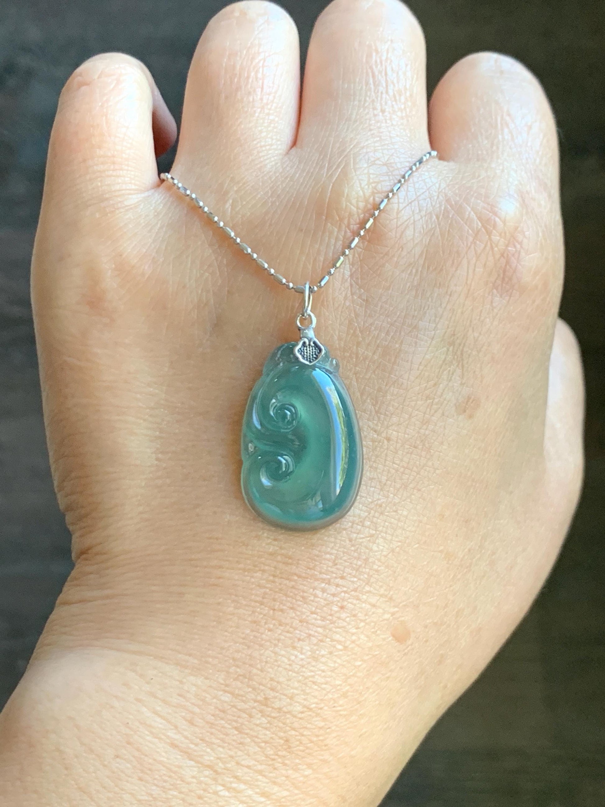 Natural Grade A Guatemalan Icy Highly Translucent Gelatinous Teal Jade Jadeite Ruyi Pendant Sterling Silver 天然冰胶老种危蓝绿翡翠如意吊坠 WLR280A
