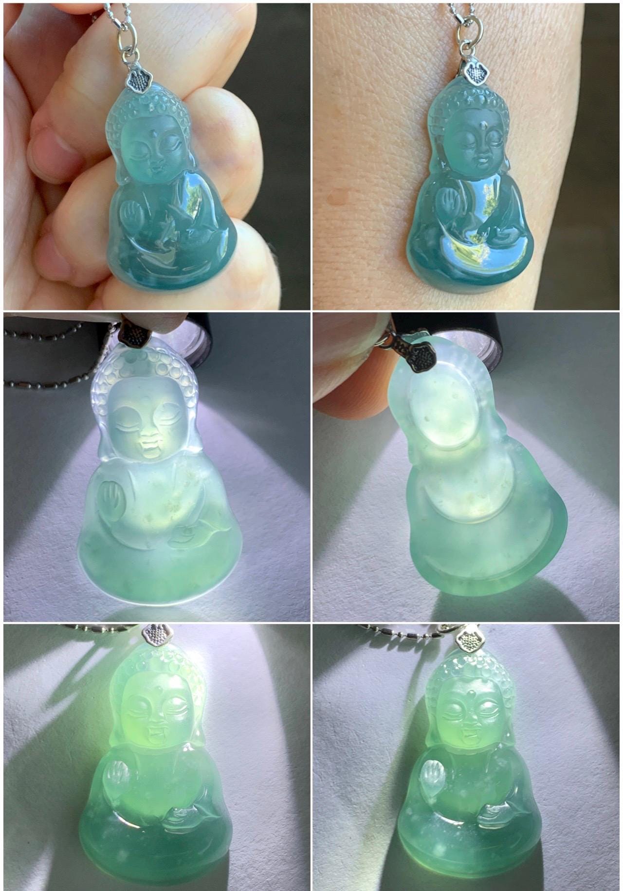 Natural Grade A Guatemalan Icy Highly Translucent Teal Blue Jade Jadeite Carved Baby Buddha Pendant Sterling Silver 5g 天然冰危蓝绿翡翠宝宝佛吊坠 BBF165B