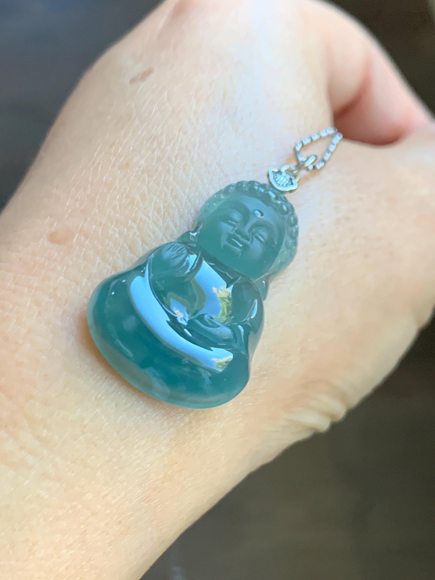 Natural Grade A Guatemalan Icy Highly Translucent Teal Blue Jade Jadeite Carved Baby Buddha Pendant Sterling Silver 5g 天然冰危蓝绿翡翠宝宝佛吊坠 BBF165B