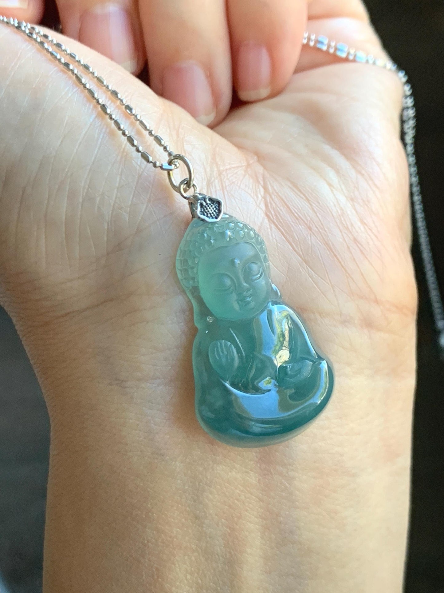 Natural Grade A Guatemalan Icy Highly Translucent Teal Blue Jade Jadeite Carved Baby Buddha Pendant Sterling Silver 5g 天然冰危蓝绿翡翠宝宝佛吊坠 BBF165B
