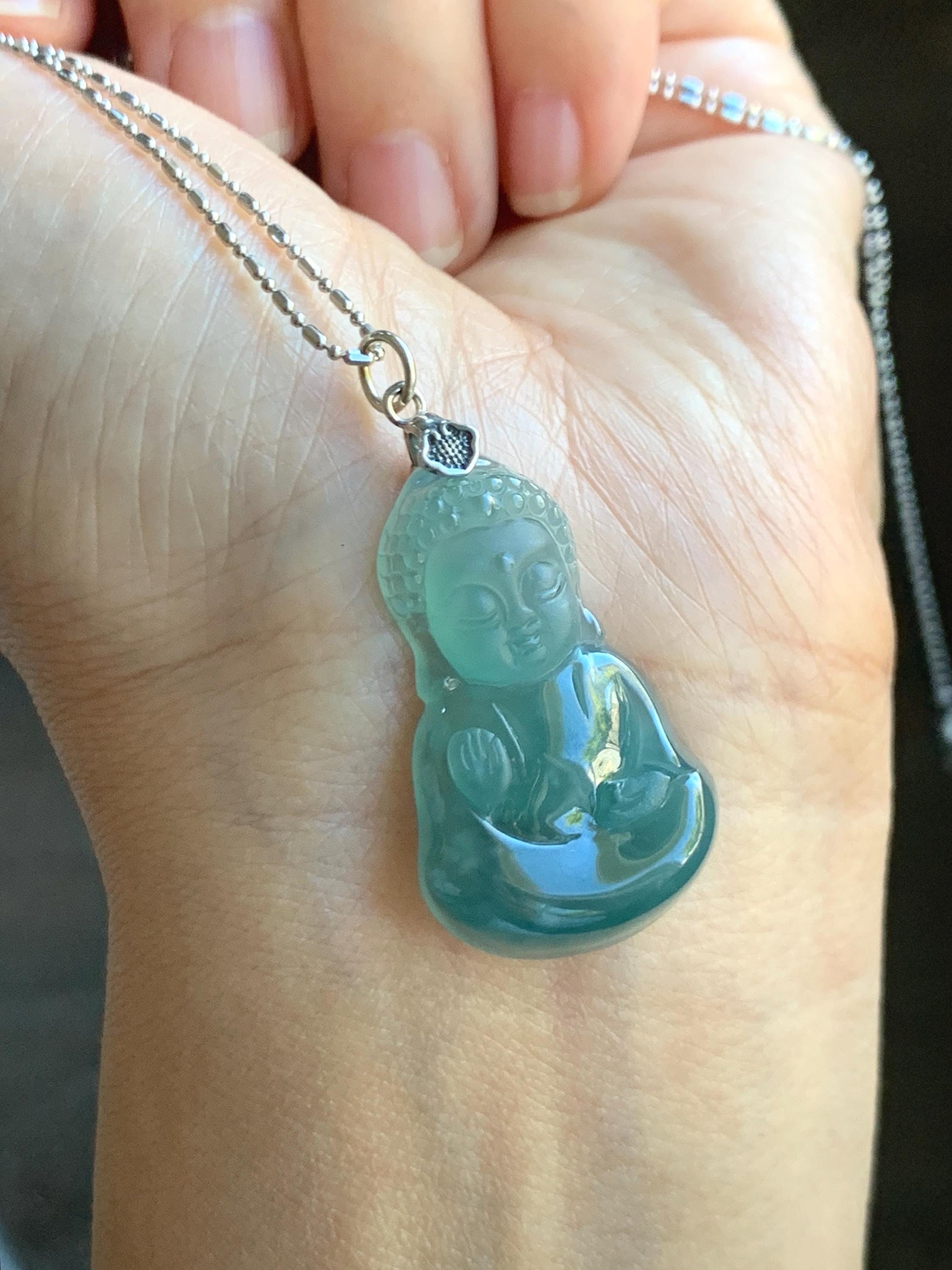 Natural Grade A Guatemalan Icy Highly Translucent Teal Blue Jade Jadeite Carved Baby Buddha Pendant Sterling Silver 5g 天然冰危蓝绿翡翠宝宝佛吊坠 BBF165B
