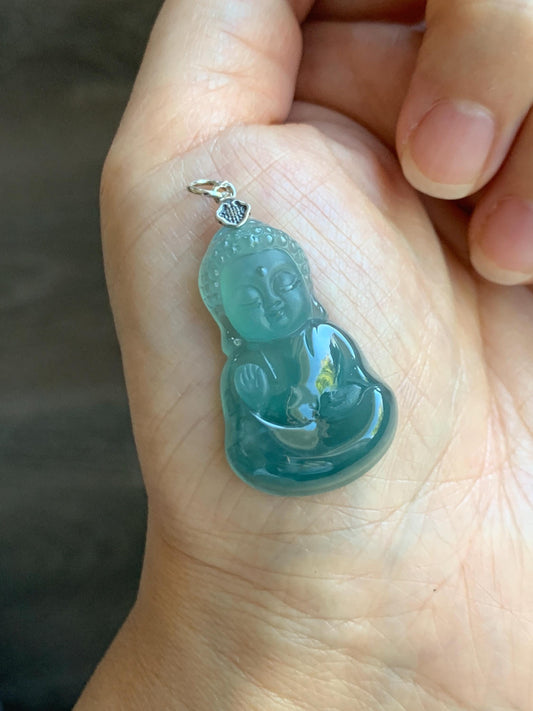 Natural Grade A Guatemalan Icy Highly Translucent Teal Blue Jade Jadeite Carved Baby Buddha Pendant Sterling Silver 5g 天然冰危蓝绿翡翠宝宝佛吊坠 BBF165B