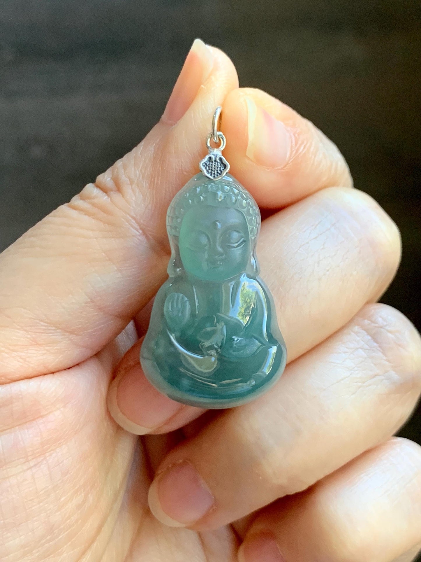 Natural Grade A Guatemalan Icy Highly Translucent Teal Blue Jade Jadeite Carved Baby Buddha Pendant Sterling Silver 5g 天然冰危蓝绿翡翠宝宝佛吊坠 BBF165B