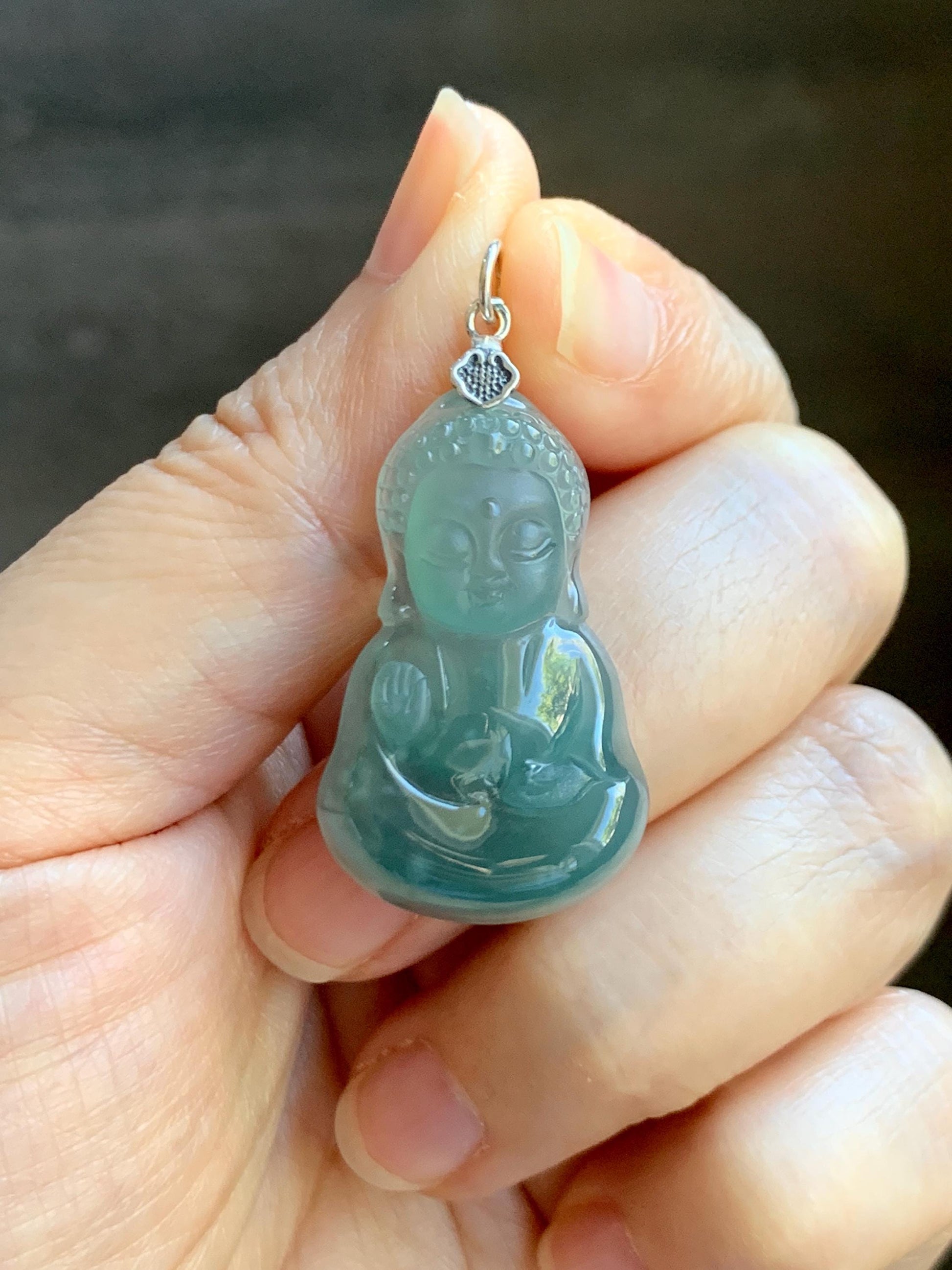 Natural Grade A Guatemalan Icy Highly Translucent Teal Blue Jade Jadeite Carved Baby Buddha Pendant Sterling Silver 5g 天然冰危蓝绿翡翠宝宝佛吊坠 BBF165B
