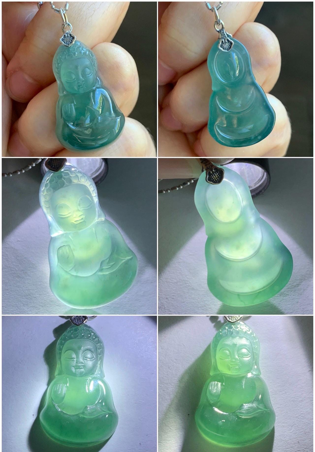 Natural Grade A Guatemalan Icy Highly Translucent Teal Jade Jadeite Carved Baby Buddha Pendant Sterling Silver 5g 天然冰危蓝绿翡翠宝宝佛吊坠 BBF165A