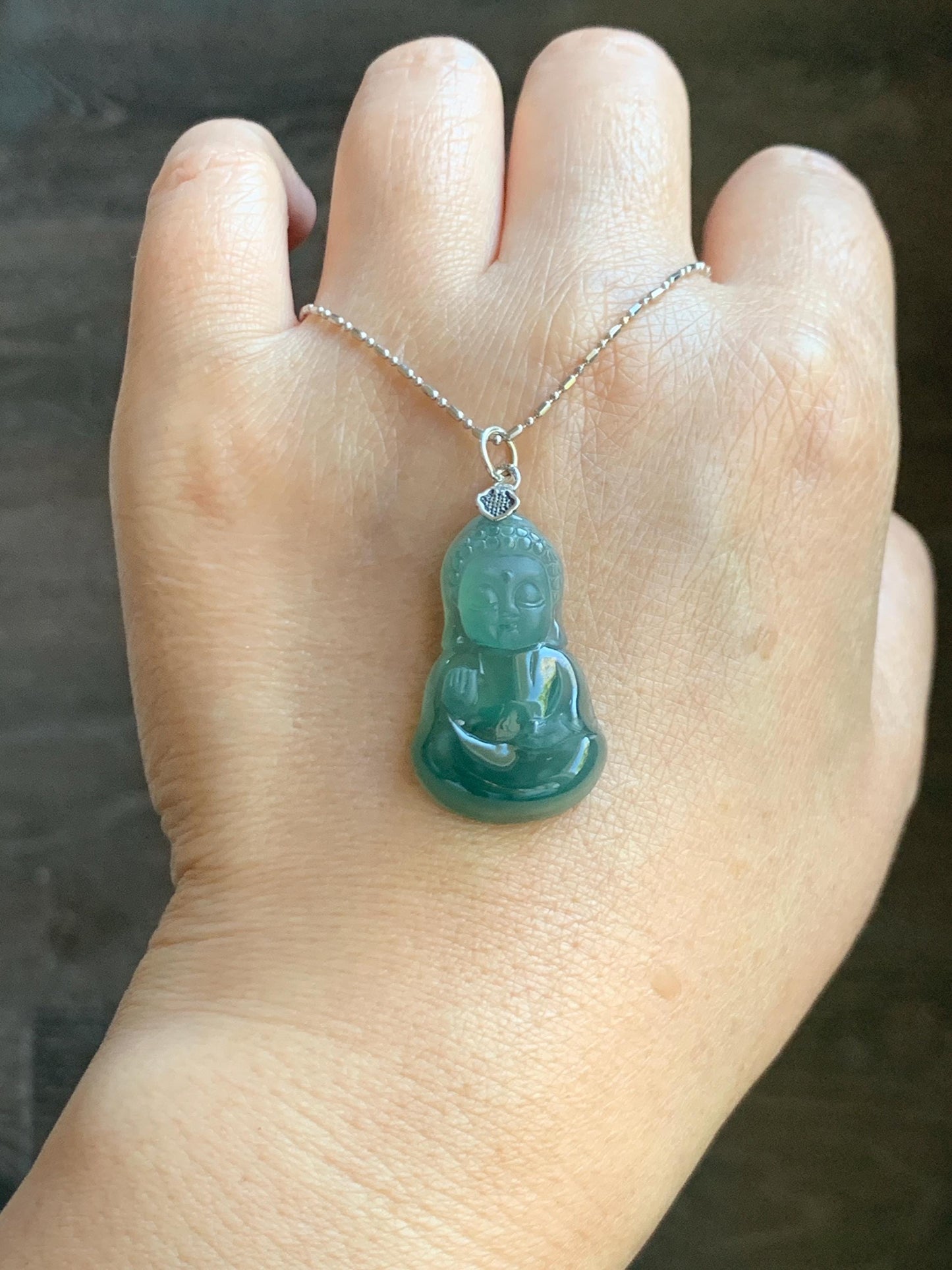 Natural Grade A Guatemalan Icy Highly Translucent Teal Jade Jadeite Carved Baby Buddha Pendant Sterling Silver 5g 天然冰危蓝绿翡翠宝宝佛吊坠 BBF165A