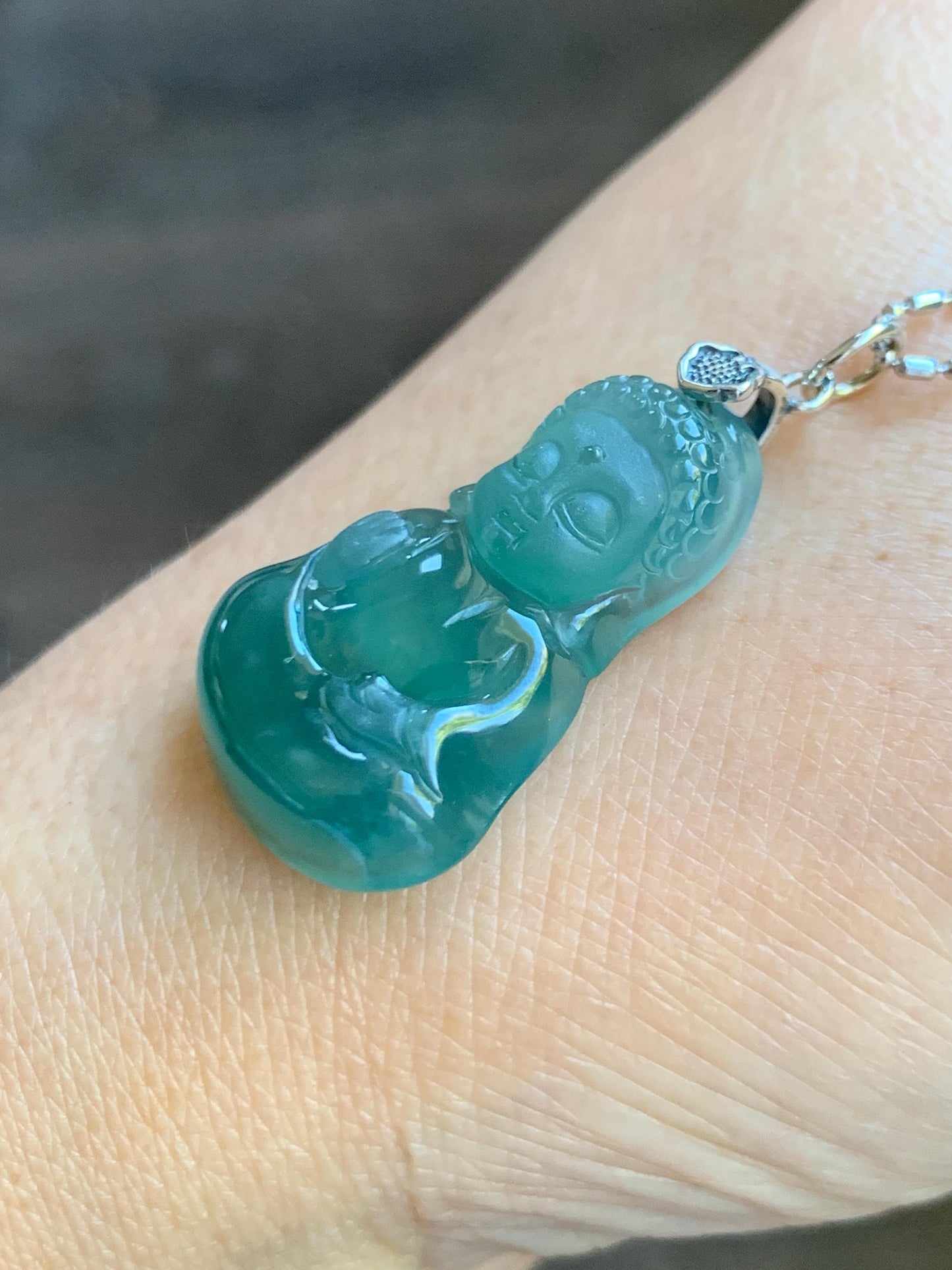 Natural Grade A Guatemalan Icy Highly Translucent Teal Jade Jadeite Carved Baby Buddha Pendant Sterling Silver 5g 天然冰危蓝绿翡翠宝宝佛吊坠 BBF165A