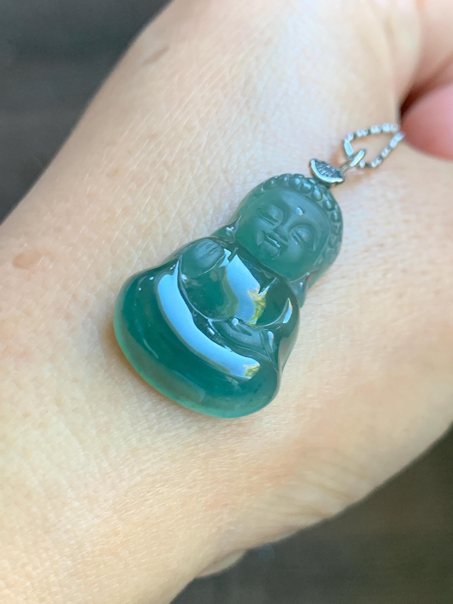 Natural Grade A Guatemalan Icy Highly Translucent Teal Jade Jadeite Carved Baby Buddha Pendant Sterling Silver 5g 天然冰危蓝绿翡翠宝宝佛吊坠 BBF165A