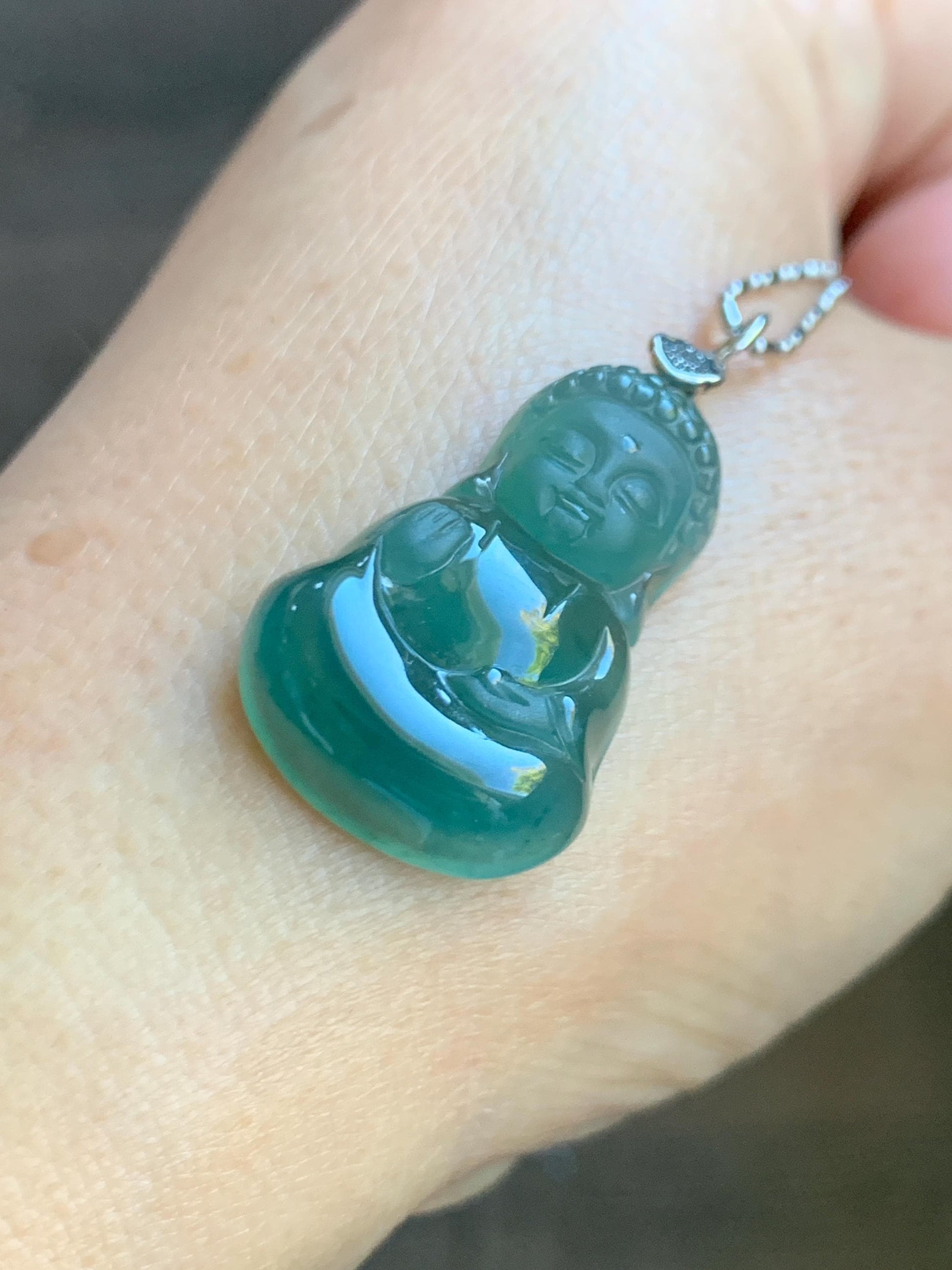 Natural Grade A Guatemalan Icy Highly Translucent Teal Jade Jadeite Carved Baby Buddha Pendant Sterling Silver 5g 天然冰危蓝绿翡翠宝宝佛吊坠 BBF165A
