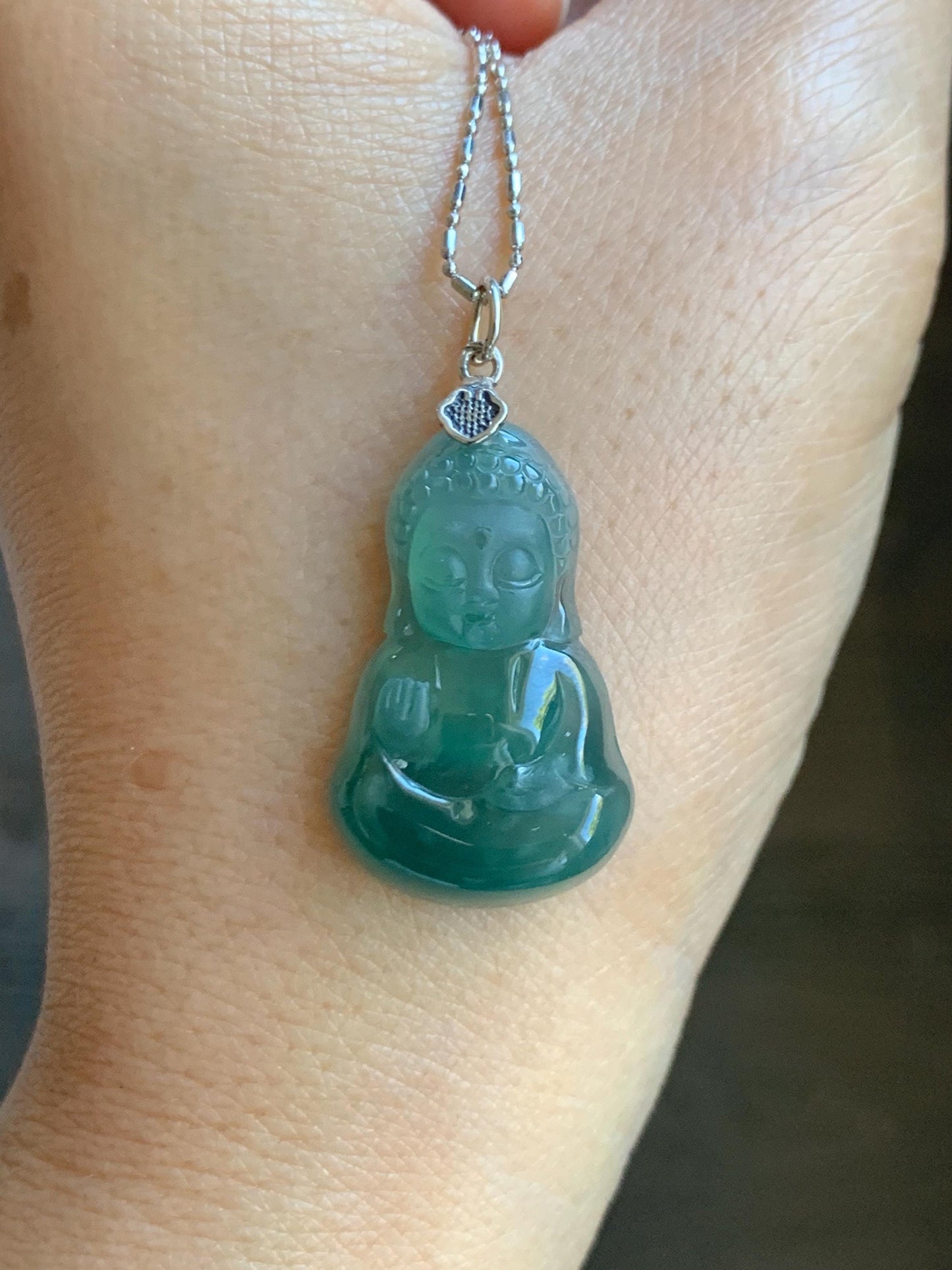 Natural Grade A Guatemalan Icy Highly Translucent Teal Jade Jadeite Carved Baby Buddha Pendant Sterling Silver 5g 天然冰危蓝绿翡翠宝宝佛吊坠 BBF165A