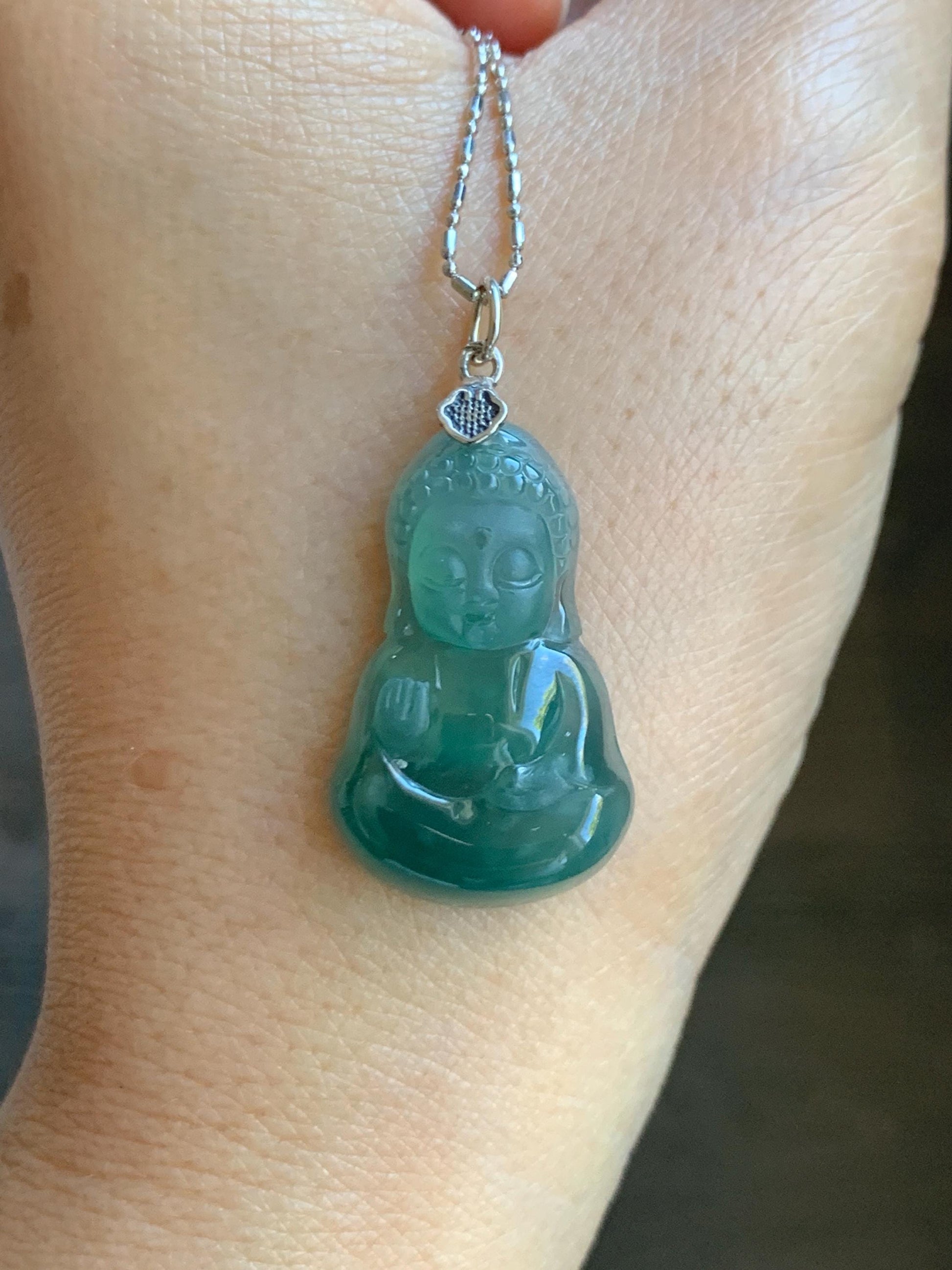 Natural Grade A Guatemalan Icy Highly Translucent Teal Jade Jadeite Carved Baby Buddha Pendant Sterling Silver 5g 天然冰危蓝绿翡翠宝宝佛吊坠 BBF165A