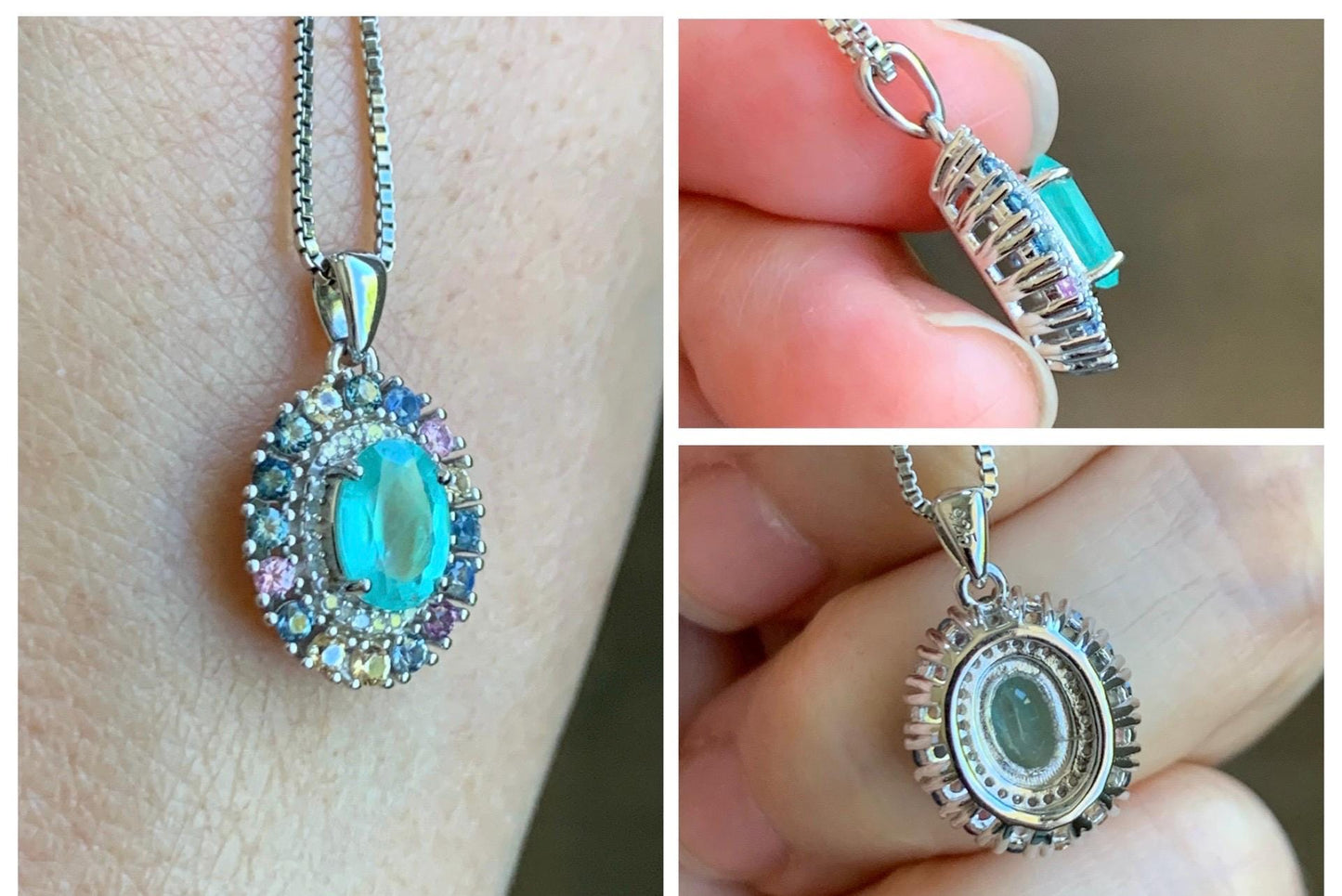 Natural Genuine Zambian Emerald Pendant with Natural Multicolored Rainbow Sapphires and Diamonds 925 Sterling Silver c386