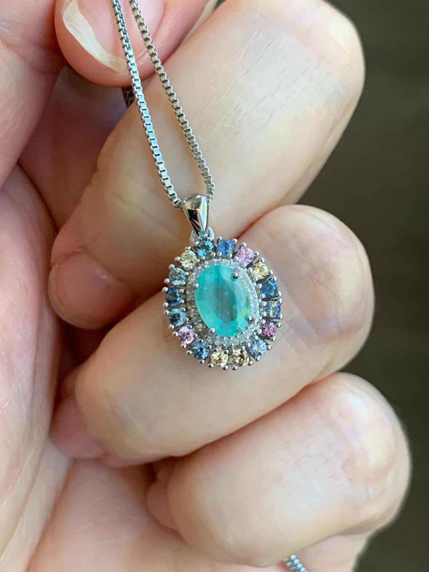 Natural Genuine Zambian Emerald Pendant with Natural Multicolored Rainbow Sapphires and Diamonds 925 Sterling Silver c386