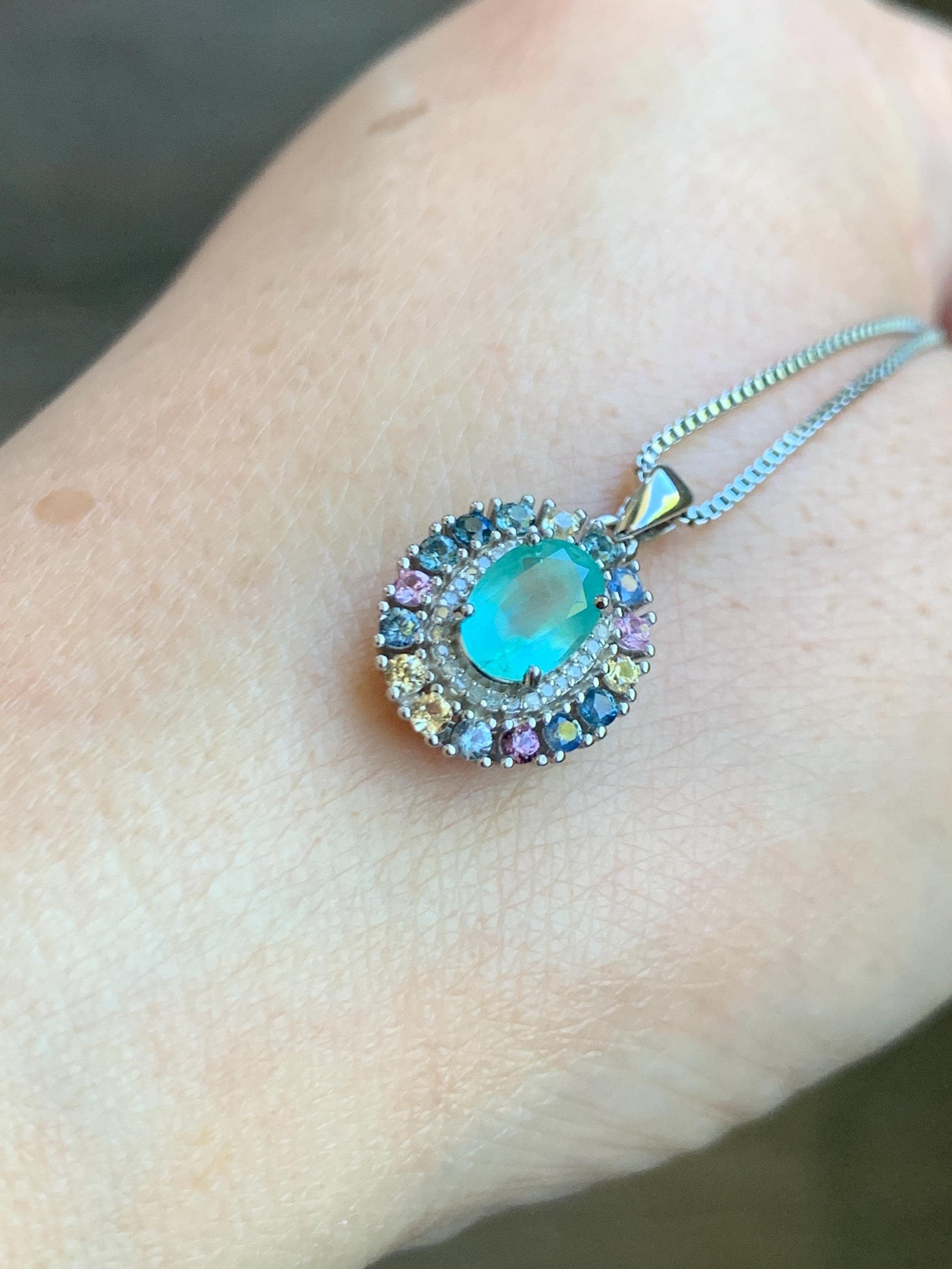 Natural Genuine Zambian Emerald Pendant with Natural Multicolored Rainbow Sapphires and Diamonds 925 Sterling Silver c386