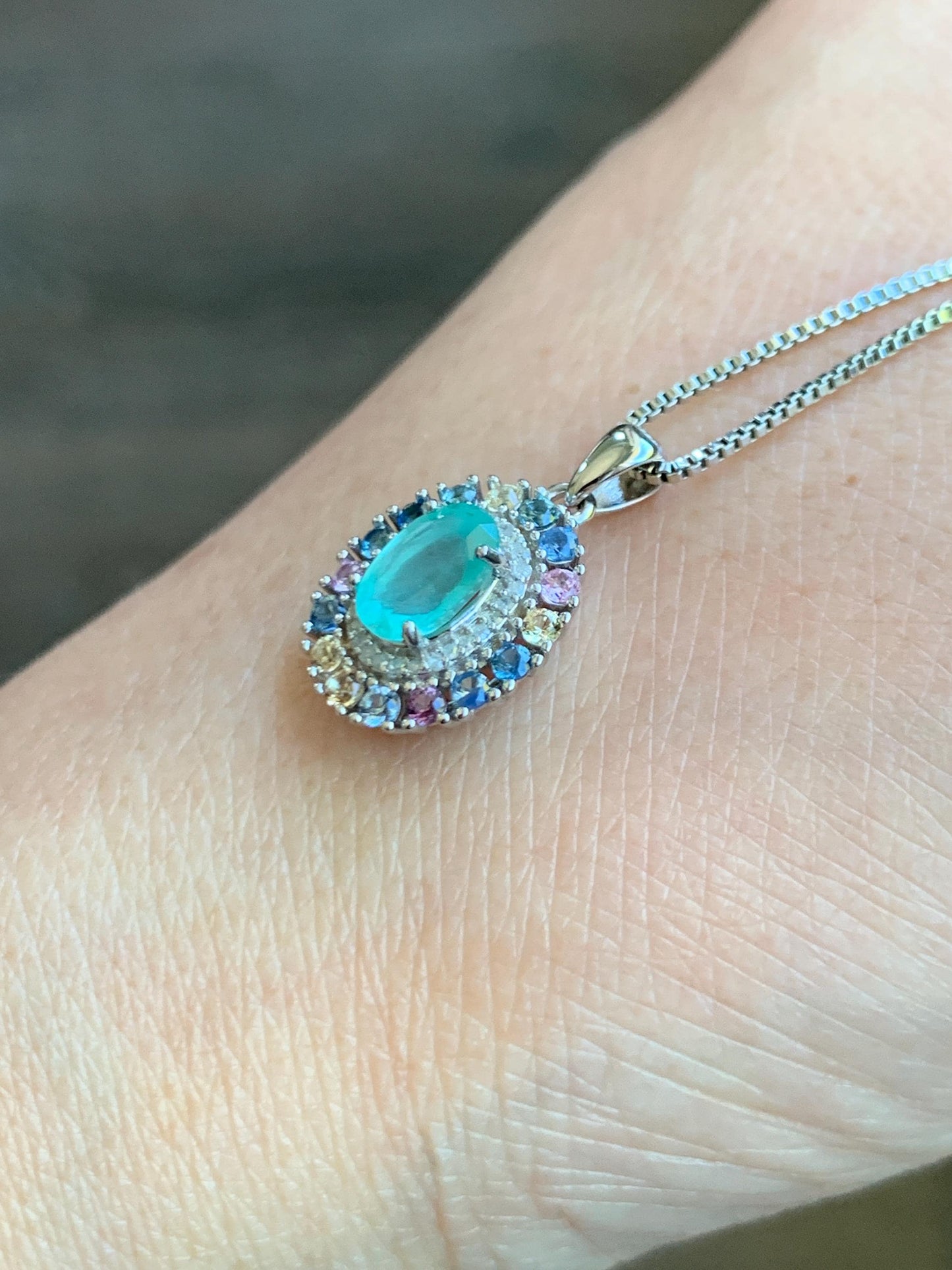 Natural Genuine Zambian Emerald Pendant with Natural Multicolored Rainbow Sapphires and Diamonds 925 Sterling Silver c386