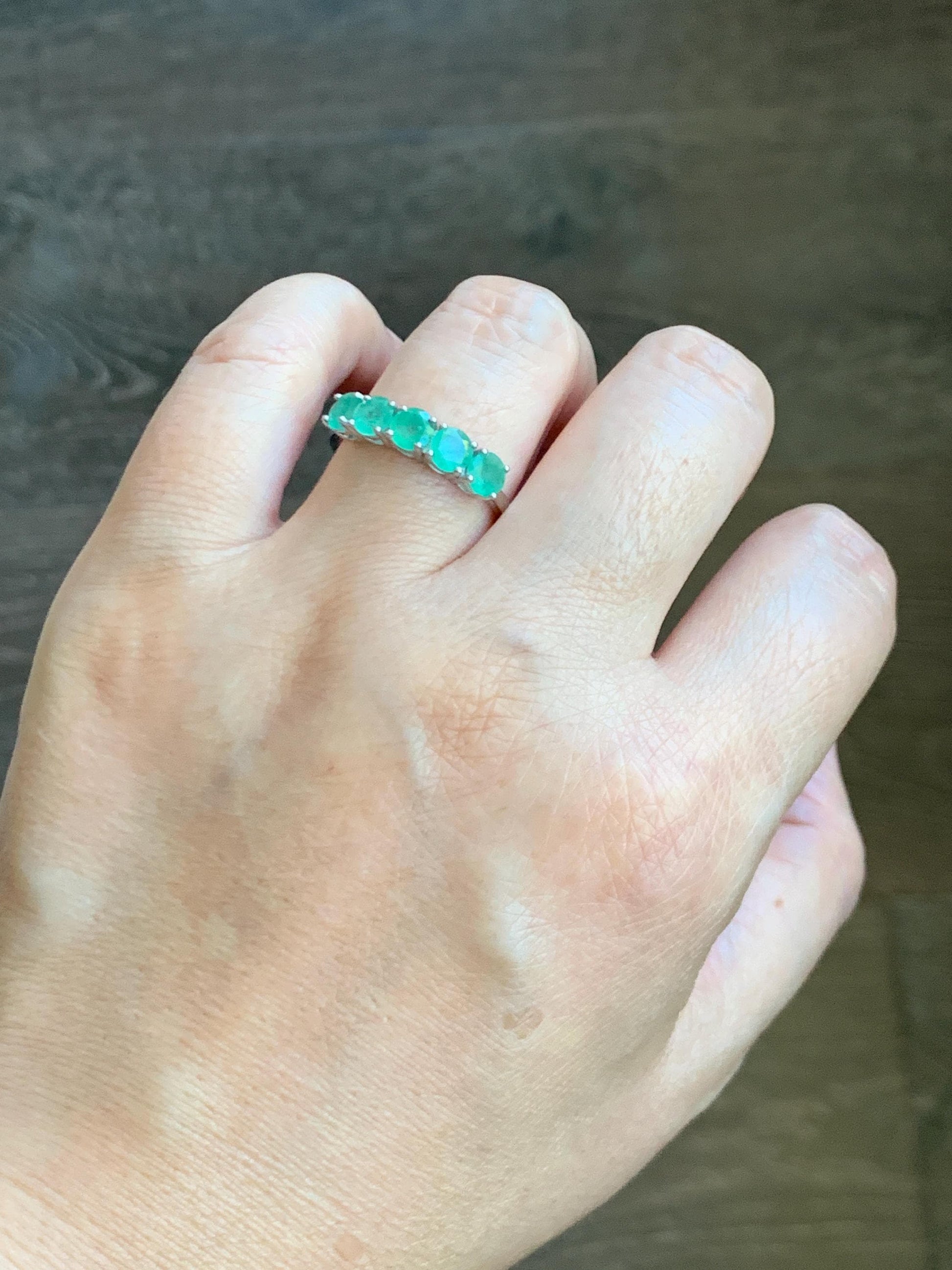 Natural Genuine Zambian Emerald 5-Stone Band Ring Round Brilliant Cut 4.5-4.6m Sterling Silver Size 9 US 2g c379