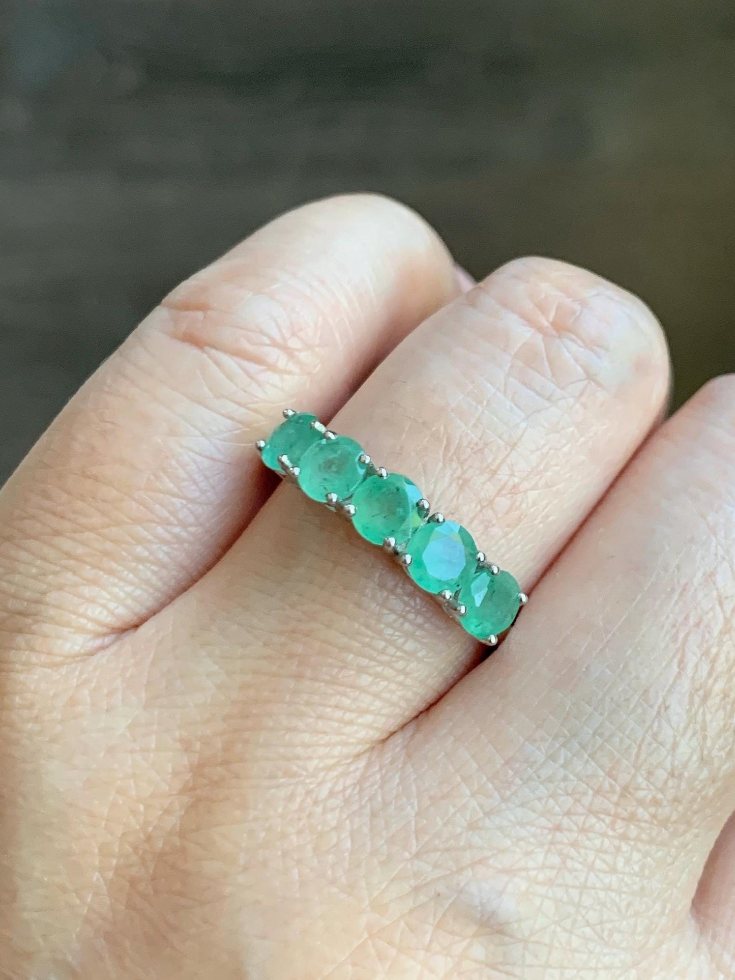 Natural Genuine Zambian Emerald 5-Stone Band Ring Round Brilliant Cut 4.5-4.6m Sterling Silver Size 9 US 2g c379