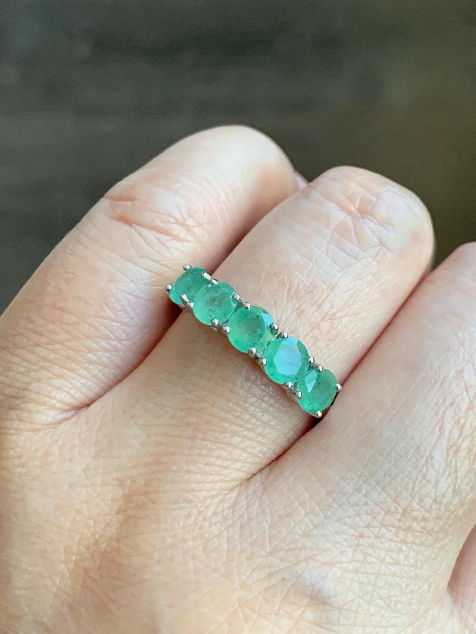 Natural Genuine Zambian Emerald 5-Stone Band Ring Round Brilliant Cut 4.5-4.6m Sterling Silver Size 9 US 2g c379