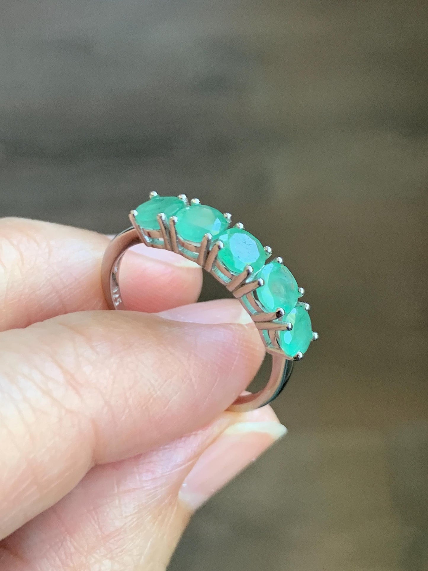 Natural Genuine Zambian Emerald 5-Stone Band Ring Round Brilliant Cut 4.5-4.6m Sterling Silver Size 9 US 2g c379