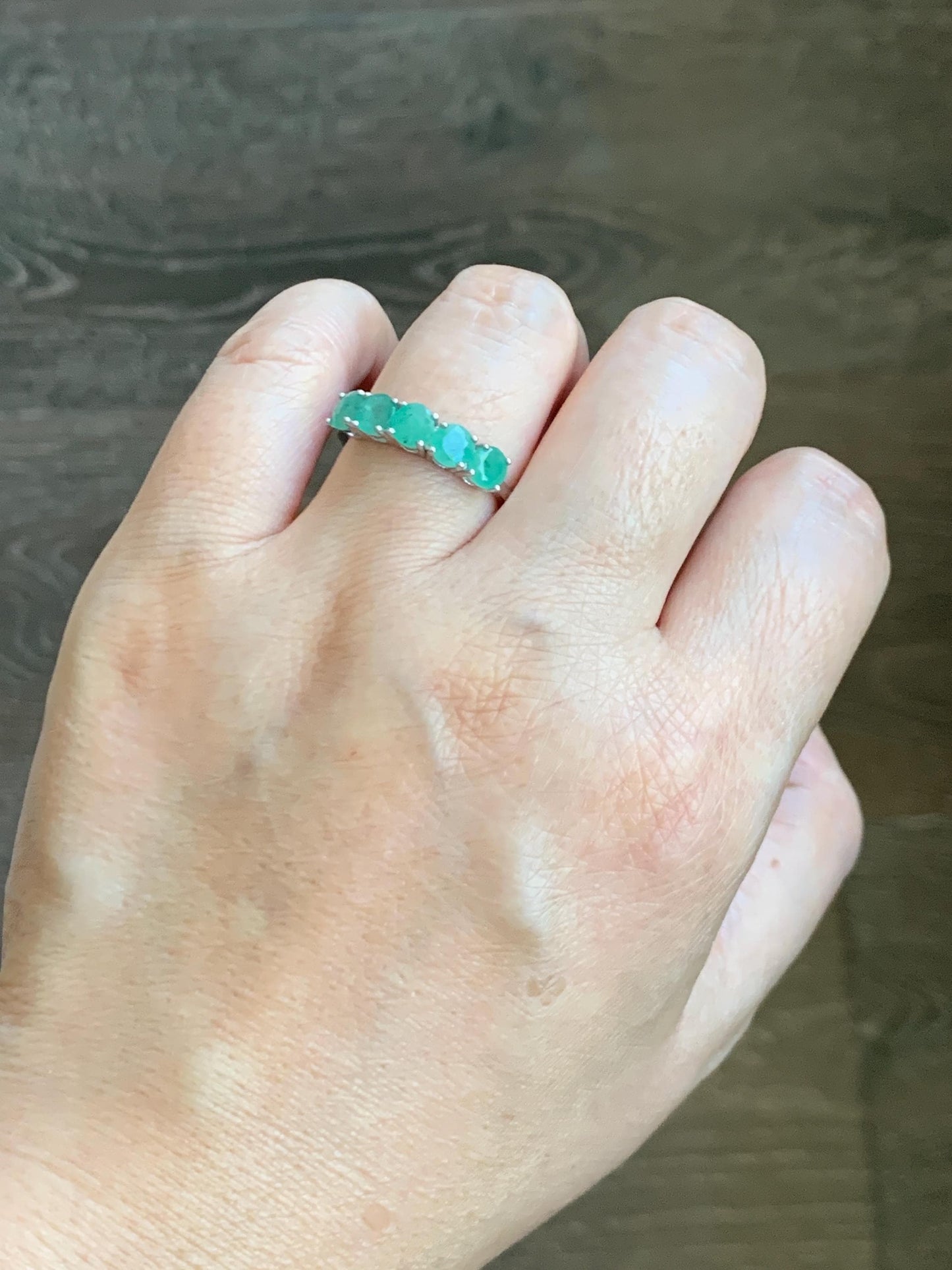 Natural Genuine Zambian Emerald 5-Stone Band Ring Round Brilliant Cut 4.6-4.7mm Sterling Silver Size 8 US 2g c378