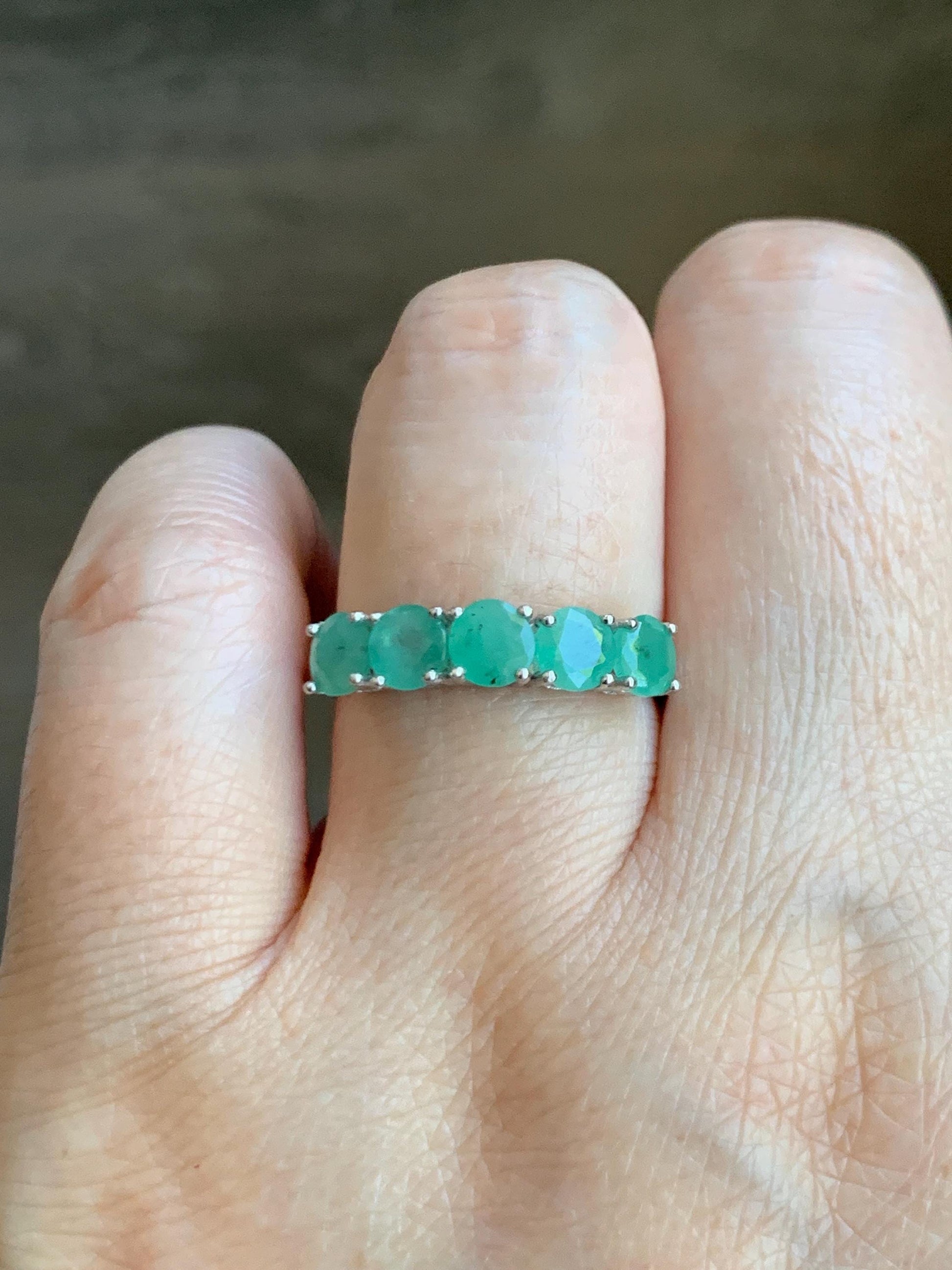 Natural Genuine Zambian Emerald 5-Stone Band Ring Round Brilliant Cut 4.6-4.7mm Sterling Silver Size 8 US 2g c378