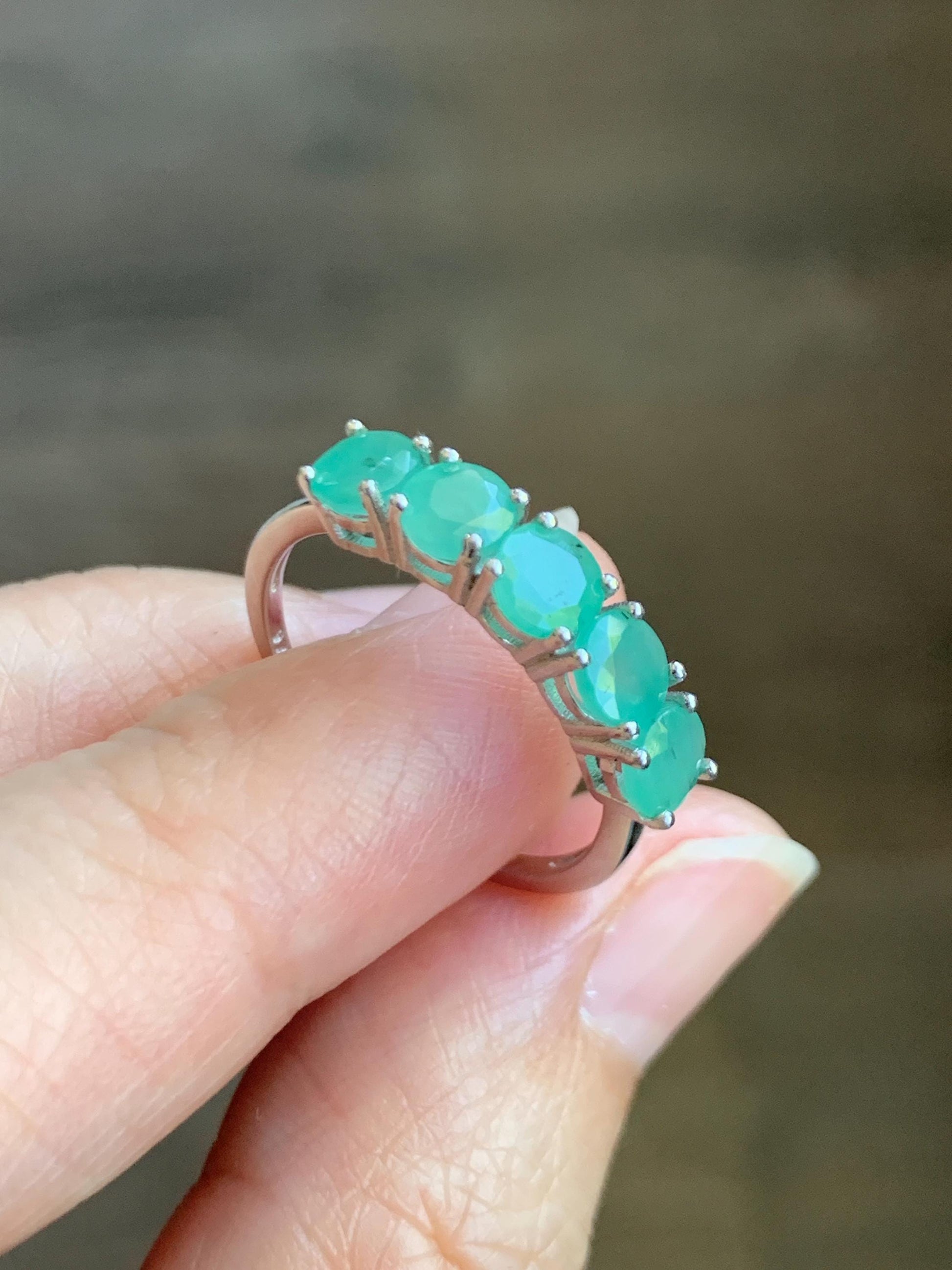 Natural Genuine Zambian Emerald 5-Stone Band Ring Round Brilliant Cut 4.6-4.7mm Sterling Silver Size 8 US 2g c378