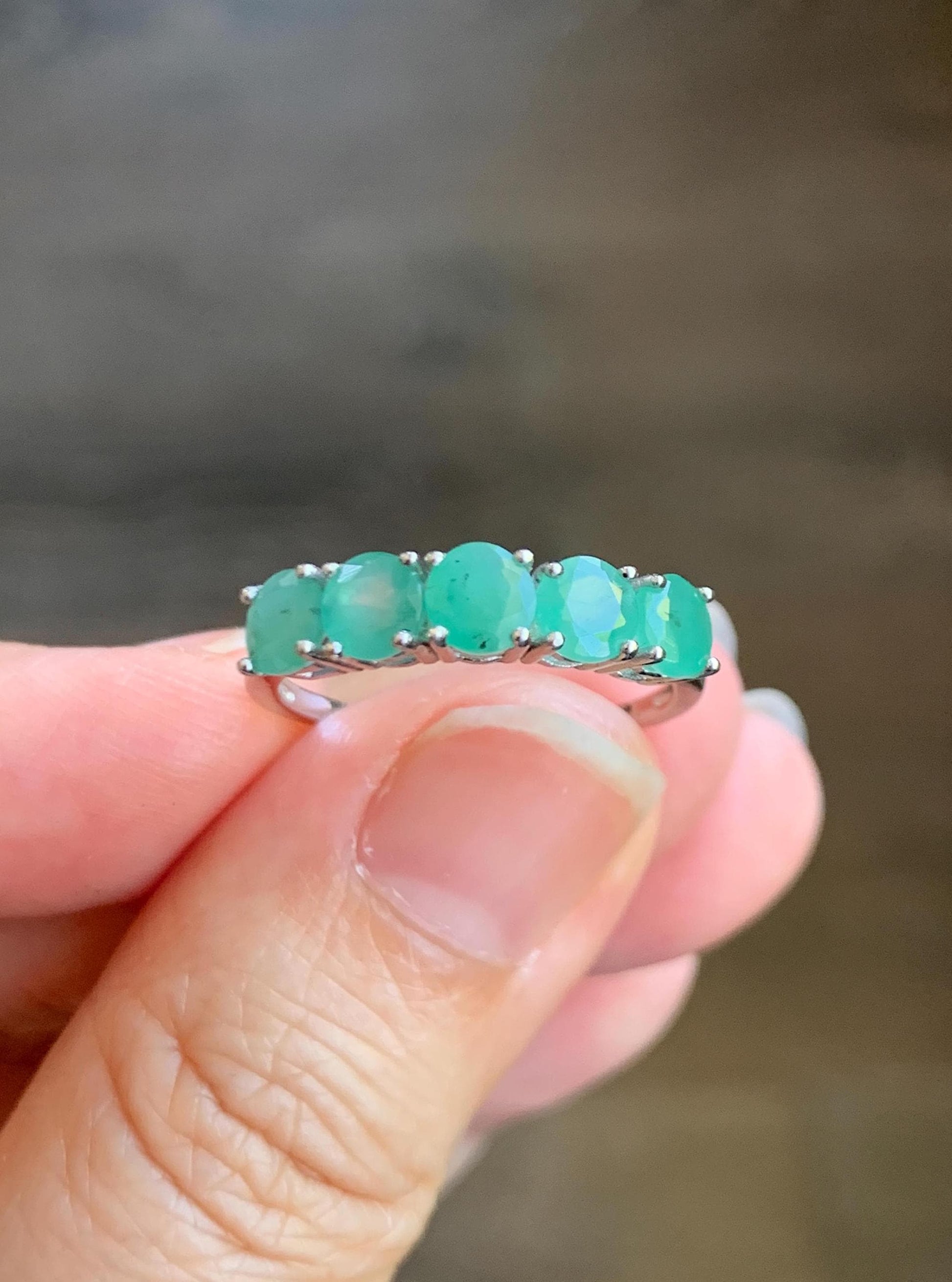 Natural Genuine Zambian Emerald 5-Stone Band Ring Round Brilliant Cut 4.6-4.7mm Sterling Silver Size 8 US 2g c378