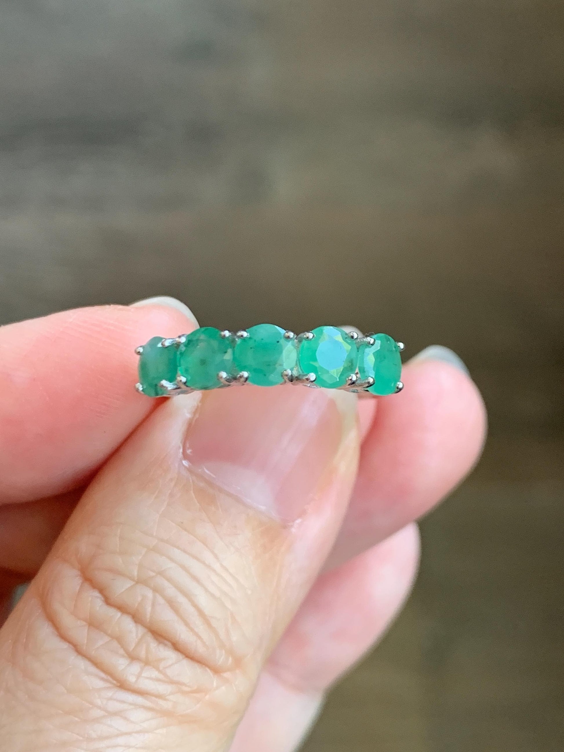 Natural Genuine Zambian Emerald 5-Stone Band Ring Round Brilliant Cut 4.5-4.6mm Sterling Silver Size 7 US 2g c377