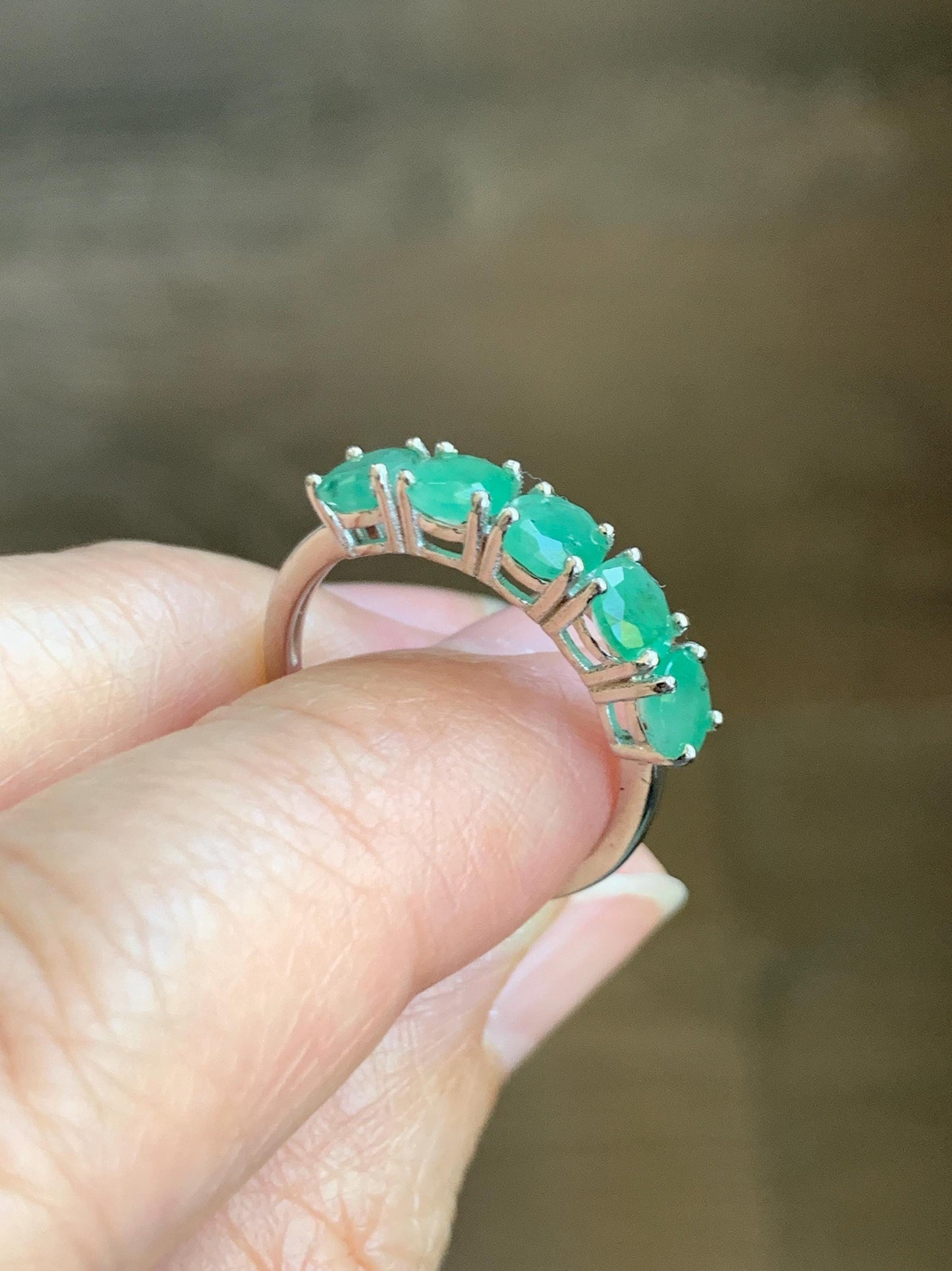 Natural Genuine Zambian Emerald 5-Stone Band Ring Round Brilliant Cut 4.5-4.6mm Sterling Silver Size 7 US 2g c377