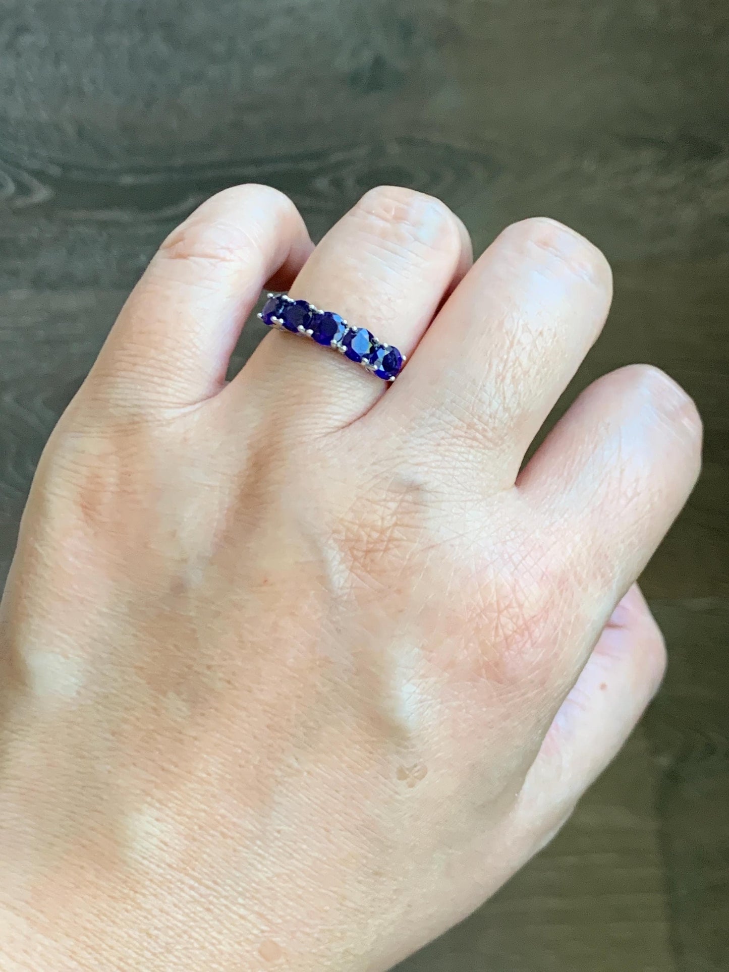 Natural Genuine Dark Blue Sapphire 5-Stone Band Ring Round Brilliant Cut 4.5-4.6mm Sterling Silver Size 7 US 2g c422