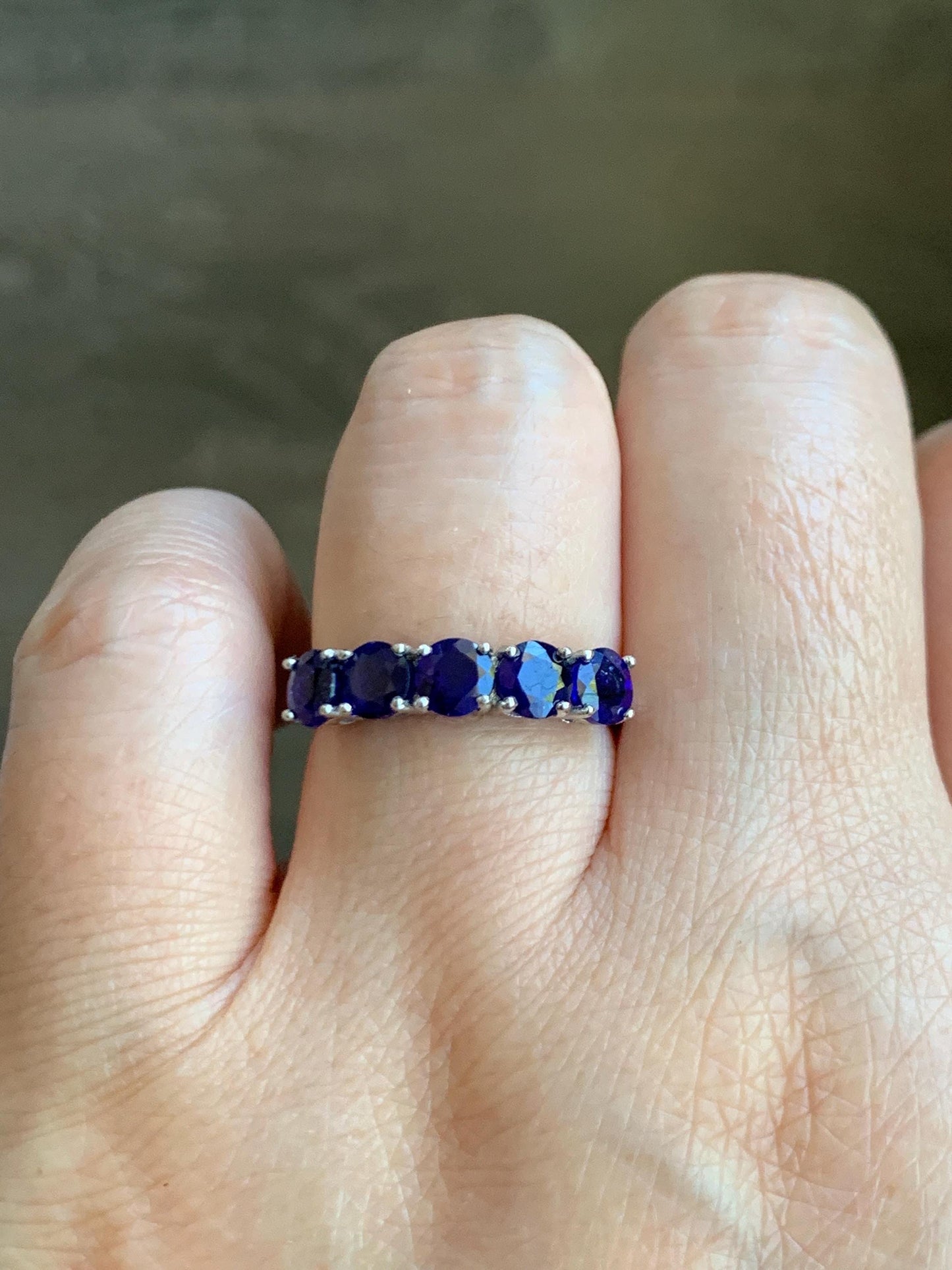 Natural Genuine Dark Blue Sapphire 5-Stone Band Ring Round Brilliant Cut 4.5-4.6mm Sterling Silver Size 7 US 2g c422