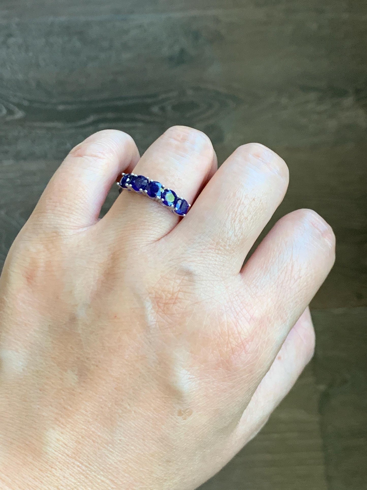 Natural Genuine Dark Blue Sapphire 5-Stone Band Ring Round Brilliant Cut 4.5-4.6mm Sterling Silver Size 8 US 2g c423