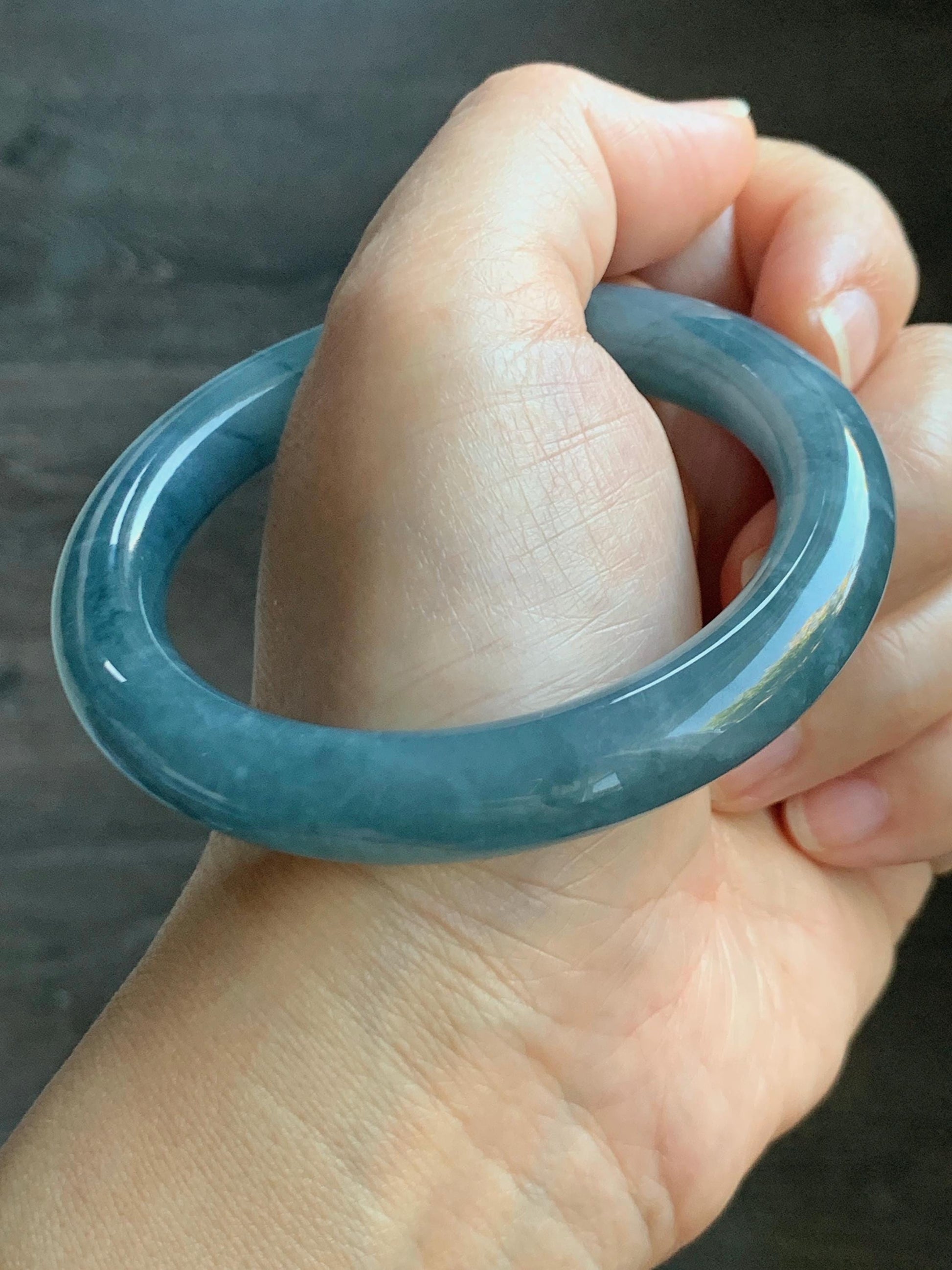 Certified Natural Grade A Guatemalan Icy Translucent Dark Blueberry Blue Jade Jadeite Wide Bangle Bracelet 56.1mm 6.9” 天然冰危蓝莓紫翡翠粗圆条手镯 284