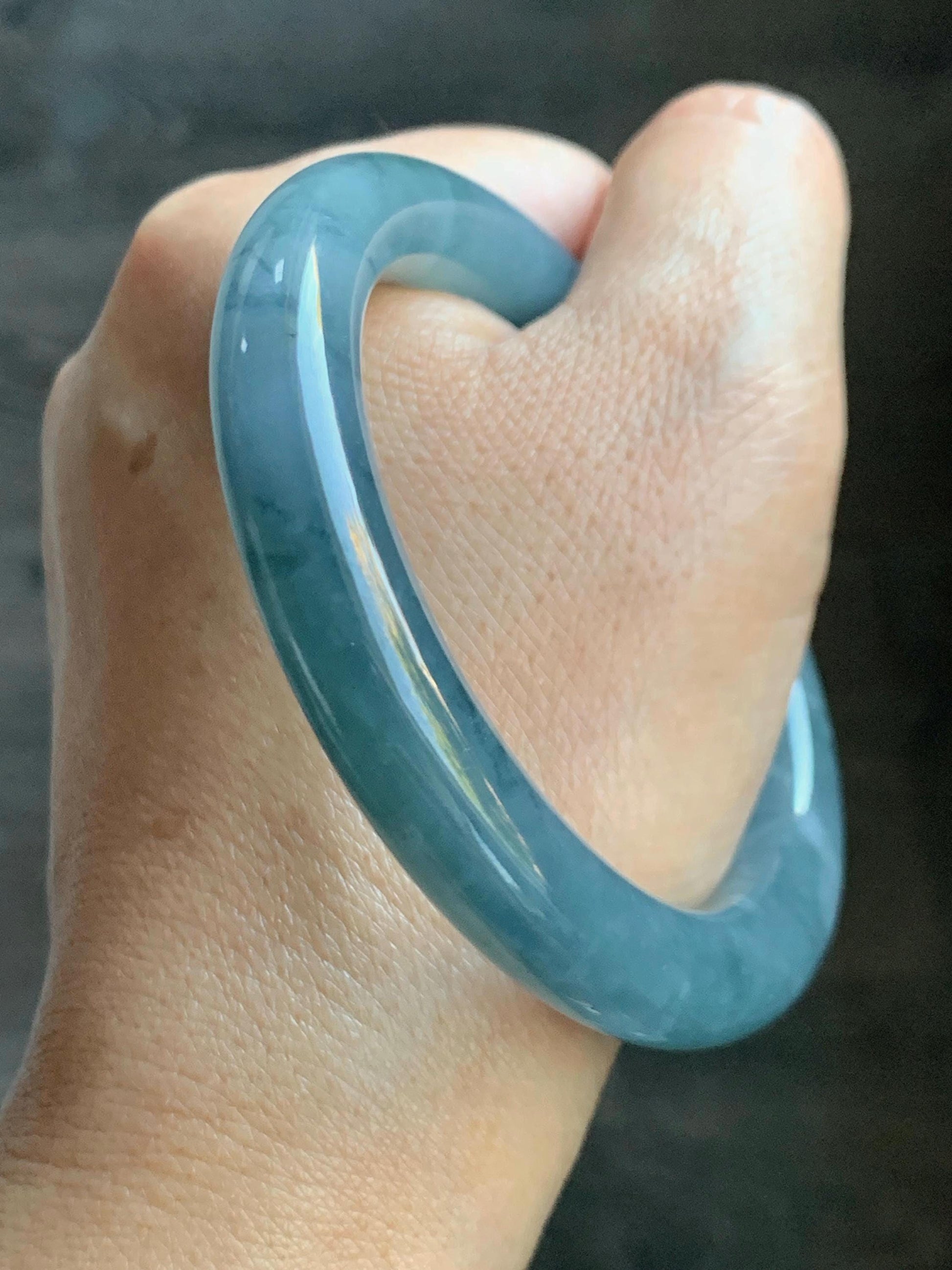 Certified Natural Grade A Guatemalan Icy Translucent Dark Blueberry Blue Jade Jadeite Wide Bangle Bracelet 56.1mm 6.9” 天然冰危蓝莓紫翡翠粗圆条手镯 284