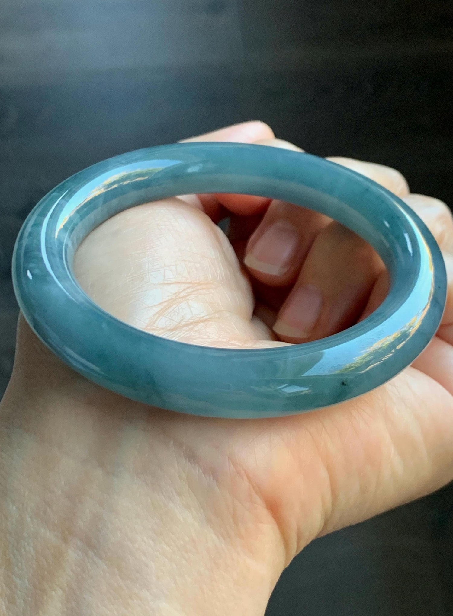 Certified Natural Grade A Guatemalan Icy Translucent Dark Blueberry Blue Jade Jadeite Wide Bangle Bracelet 56.1mm 6.9” 天然冰危蓝莓紫翡翠粗圆条手镯 284