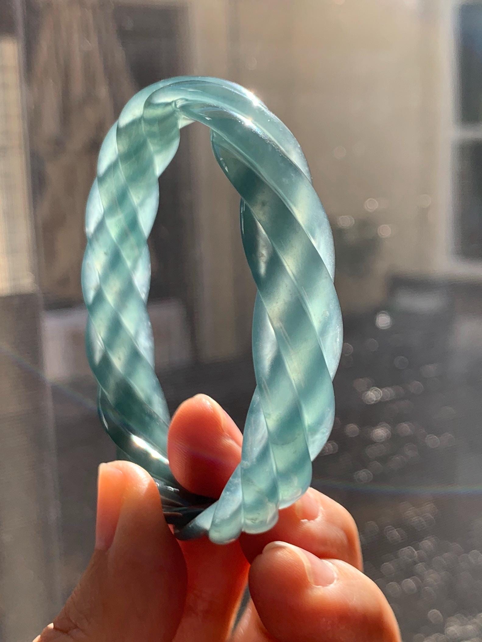 Certified Natural Grade A Guatemalan Icy Translucent Gelatinous Teal Blue Jade Jadeite Carved Braid Bangle 57.9mm 7.15” 天然冰胶危深蓝翡翠麻花手镯 279