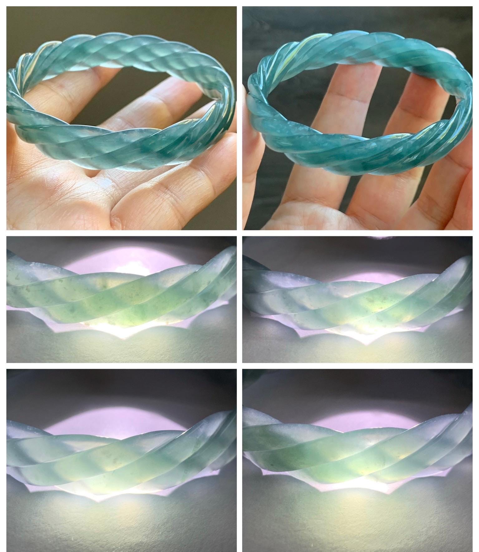 Certified Natural Grade A Guatemalan Icy Translucent Gelatinous Teal Blue Jade Jadeite Carved Braid Bangle 57.9mm 7.15” 天然冰胶危深蓝翡翠麻花手镯 279