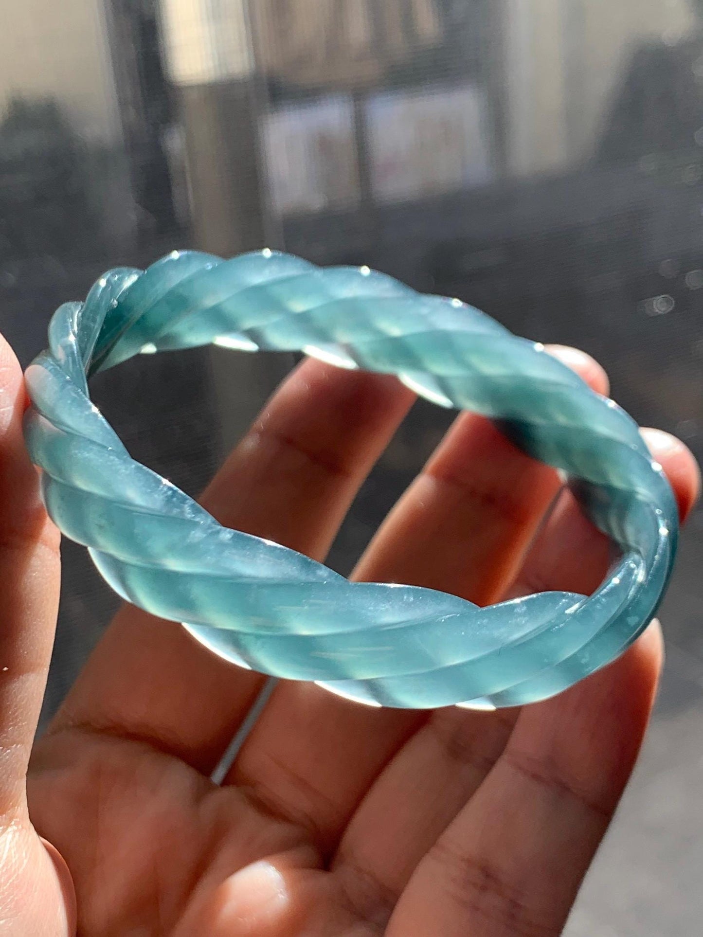 Certified Natural Grade A Guatemalan Icy Translucent Gelatinous Teal Blue Jade Jadeite Carved Braid Bangle 57.9mm 7.15” 天然冰胶危深蓝翡翠麻花手镯 279