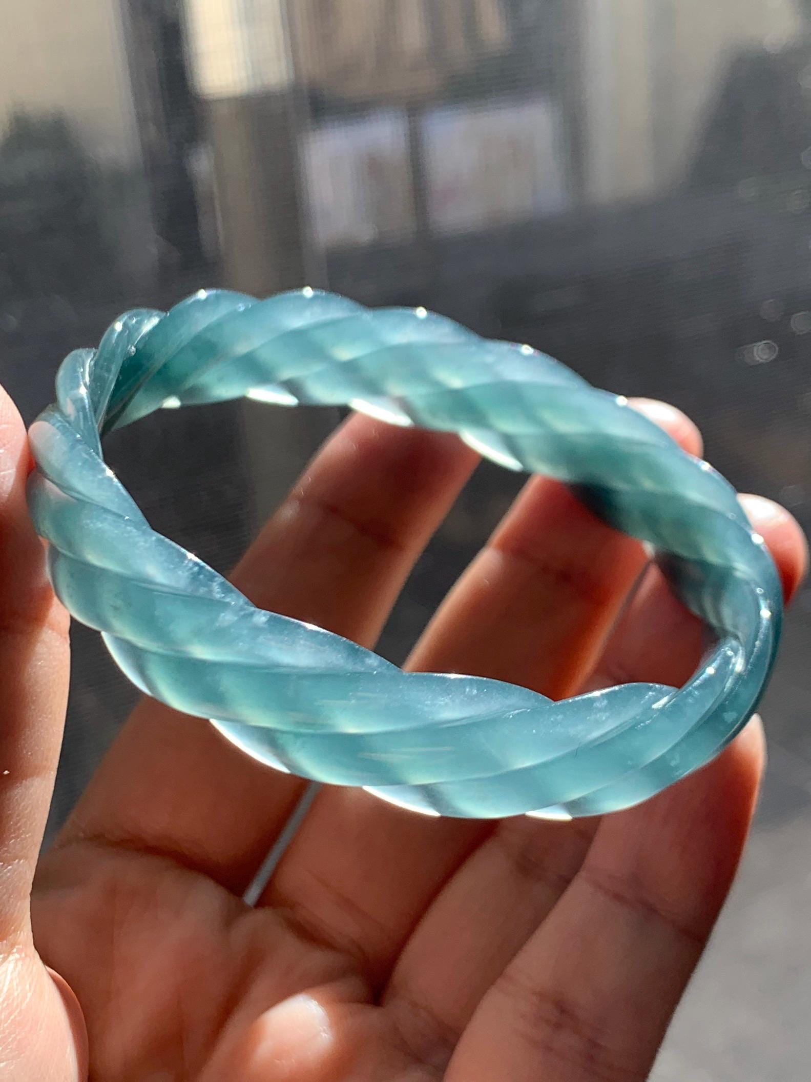 Certified Natural Grade A Guatemalan Icy Translucent Gelatinous Teal Blue Jade Jadeite Carved Braid Bangle 57.9mm 7.15” 天然冰胶危深蓝翡翠麻花手镯 279