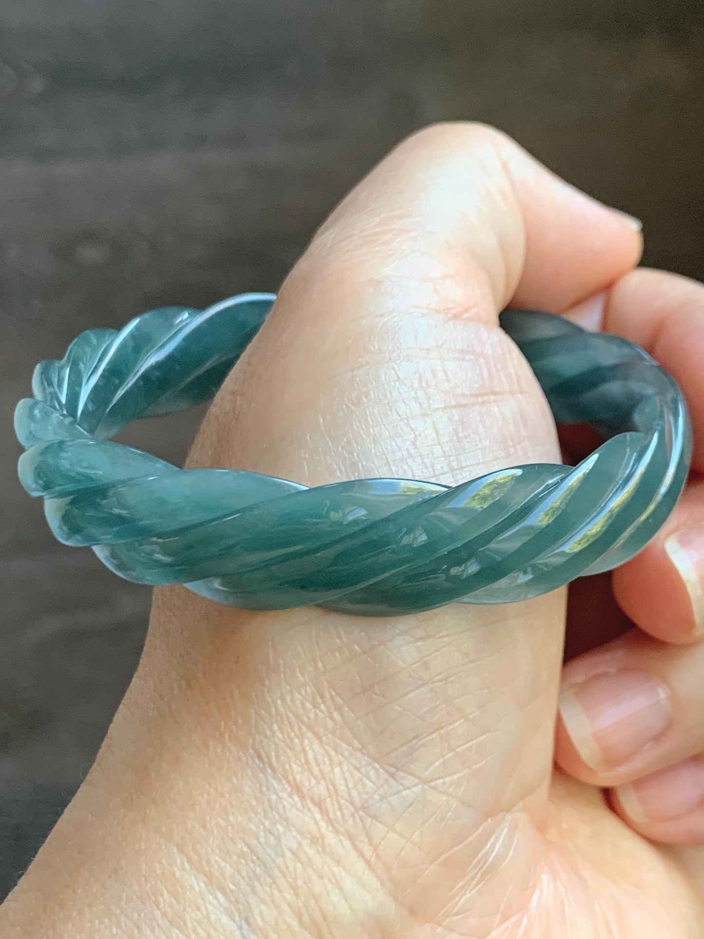 Certified Natural Grade A Guatemalan Icy Translucent Gelatinous Teal Blue Jade Jadeite Carved Braid Bangle 57.9mm 7.15” 天然冰胶危深蓝翡翠麻花手镯 279