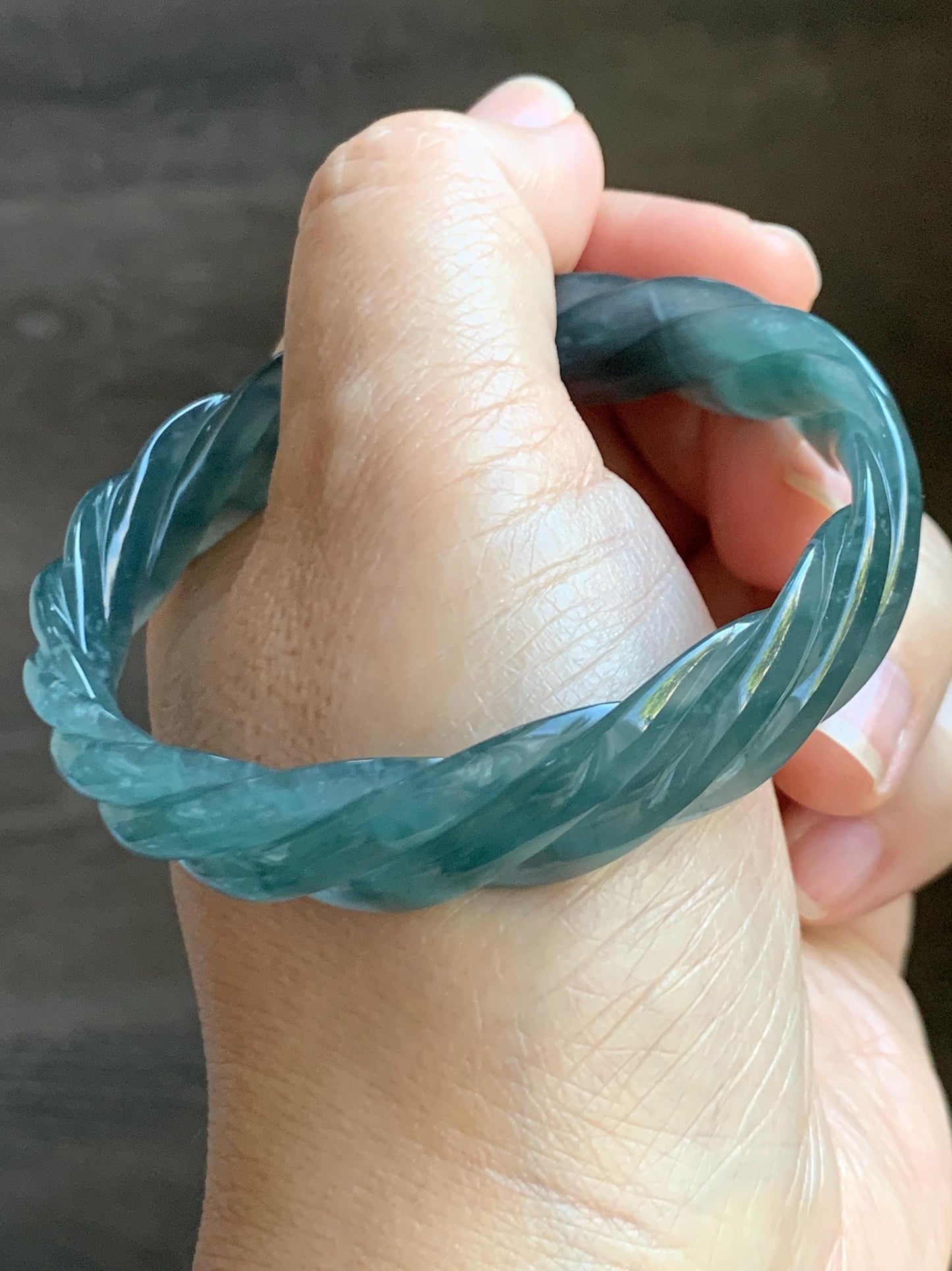 Certified Natural Grade A Guatemalan Icy Translucent Gelatinous Teal Blue Jade Jadeite Carved Braid Bangle 57.9mm 7.15” 天然冰胶危深蓝翡翠麻花手镯 279