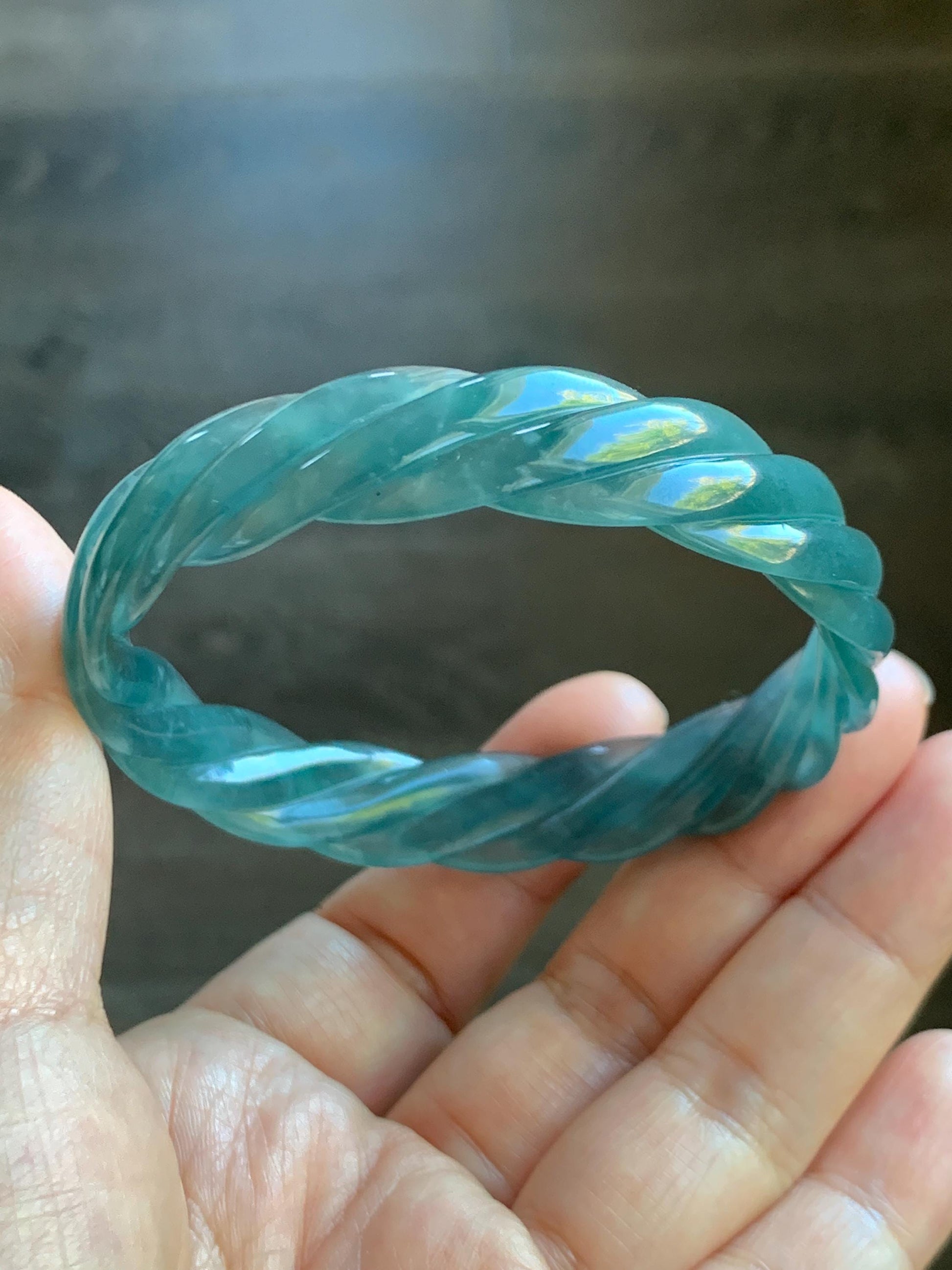 Certified Natural Grade A Guatemalan Icy Translucent Gelatinous Teal Blue Jade Jadeite Carved Braid Bangle 57.9mm 7.15” 天然冰胶危深蓝翡翠麻花手镯 279